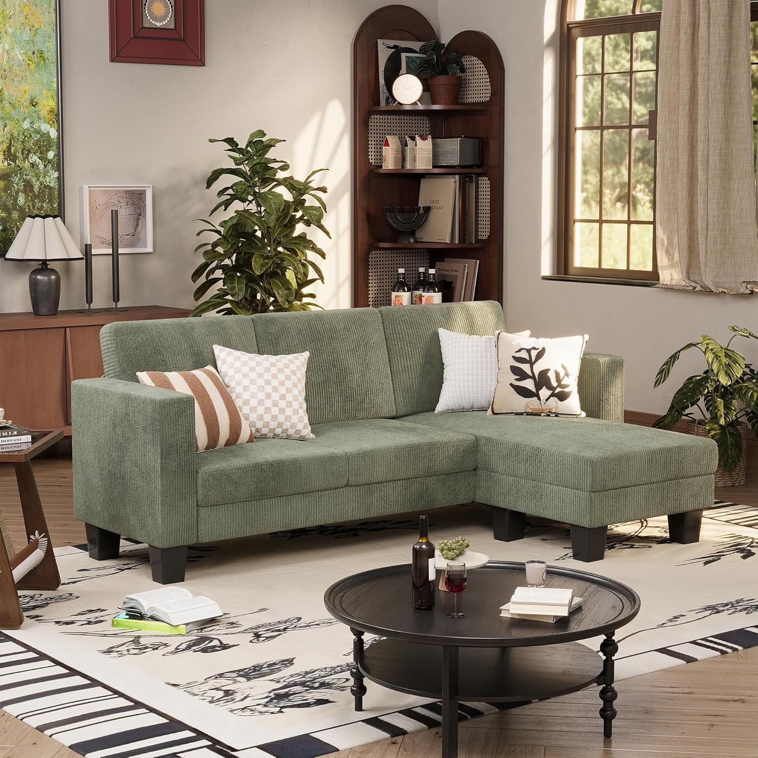 Green Corduroy Convertible L-Shape Sofa with Ottoman