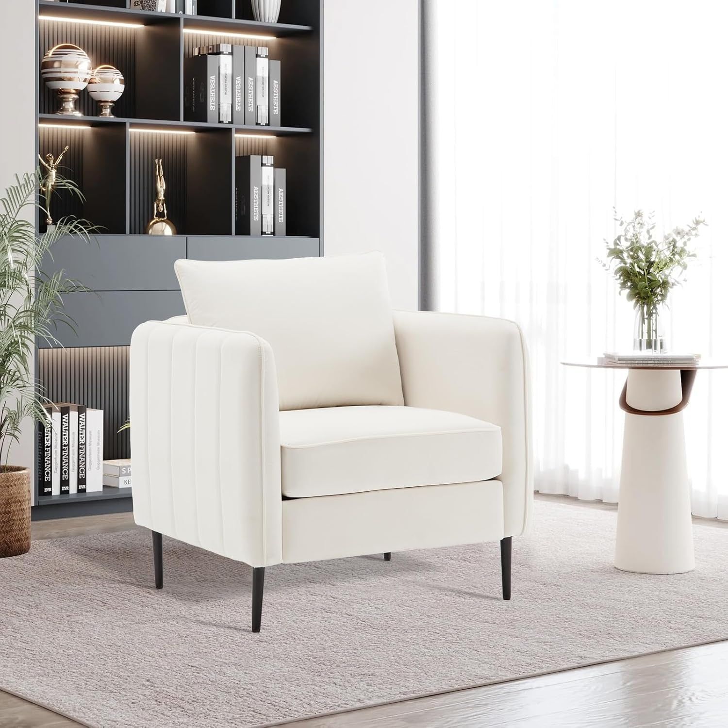 Modern Velvet Accent Chair, Single Sofa Chairs Armchair with Square Arm, Upholstered Accent Chairs for Living Room, Bedroom, Apartment (Beige Chair)