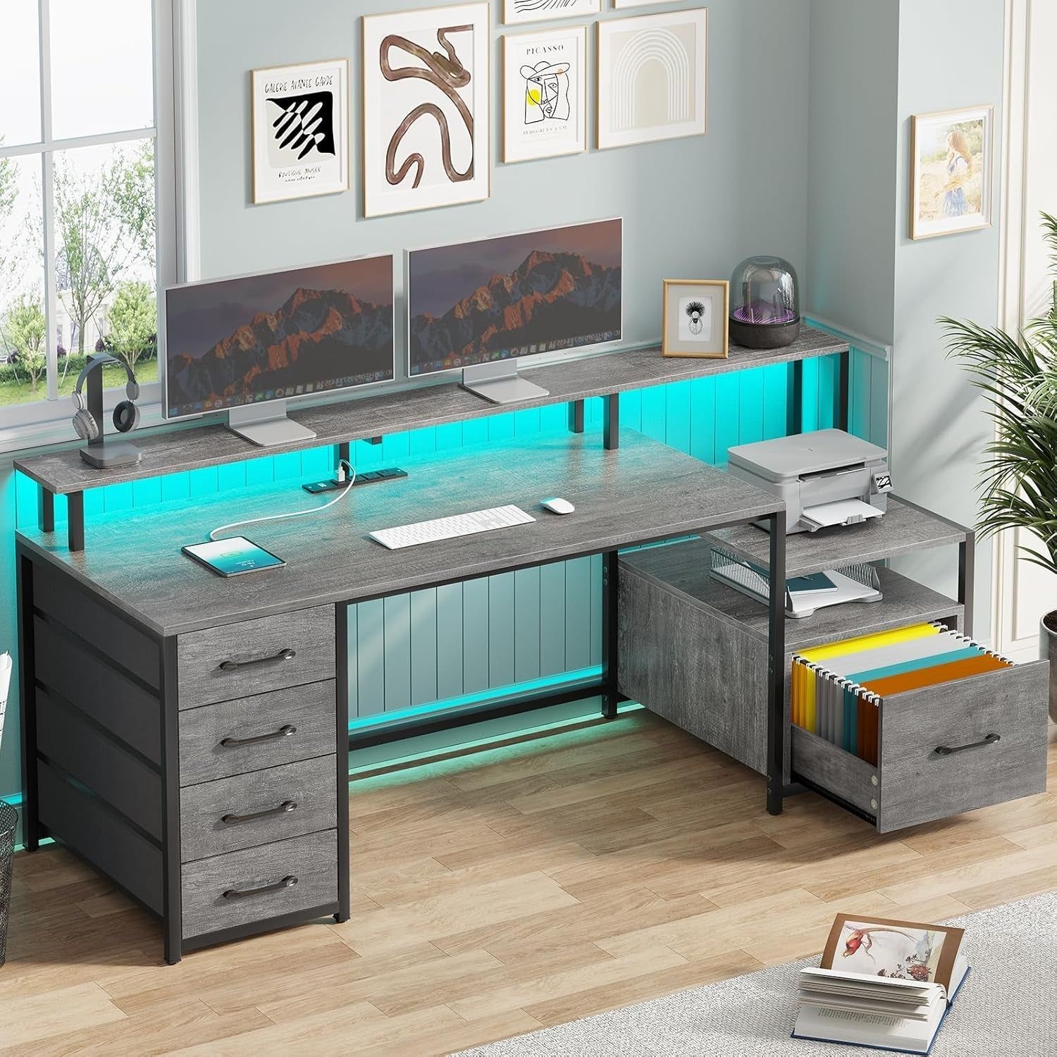 Home Office Desk with File Drawer &amp; Power Outlet, 66&#39;&#39; Computer Desk with 5 Drawer, Storage Shelves, Printer Cabinet and Monitor Shelf, Gaming Desk with Led Lights, Grey