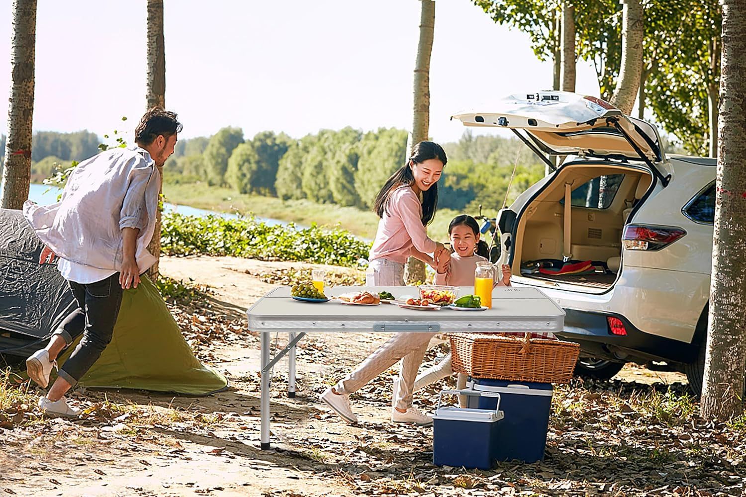 Portable Camping Table with 2 Benches and Umbrella