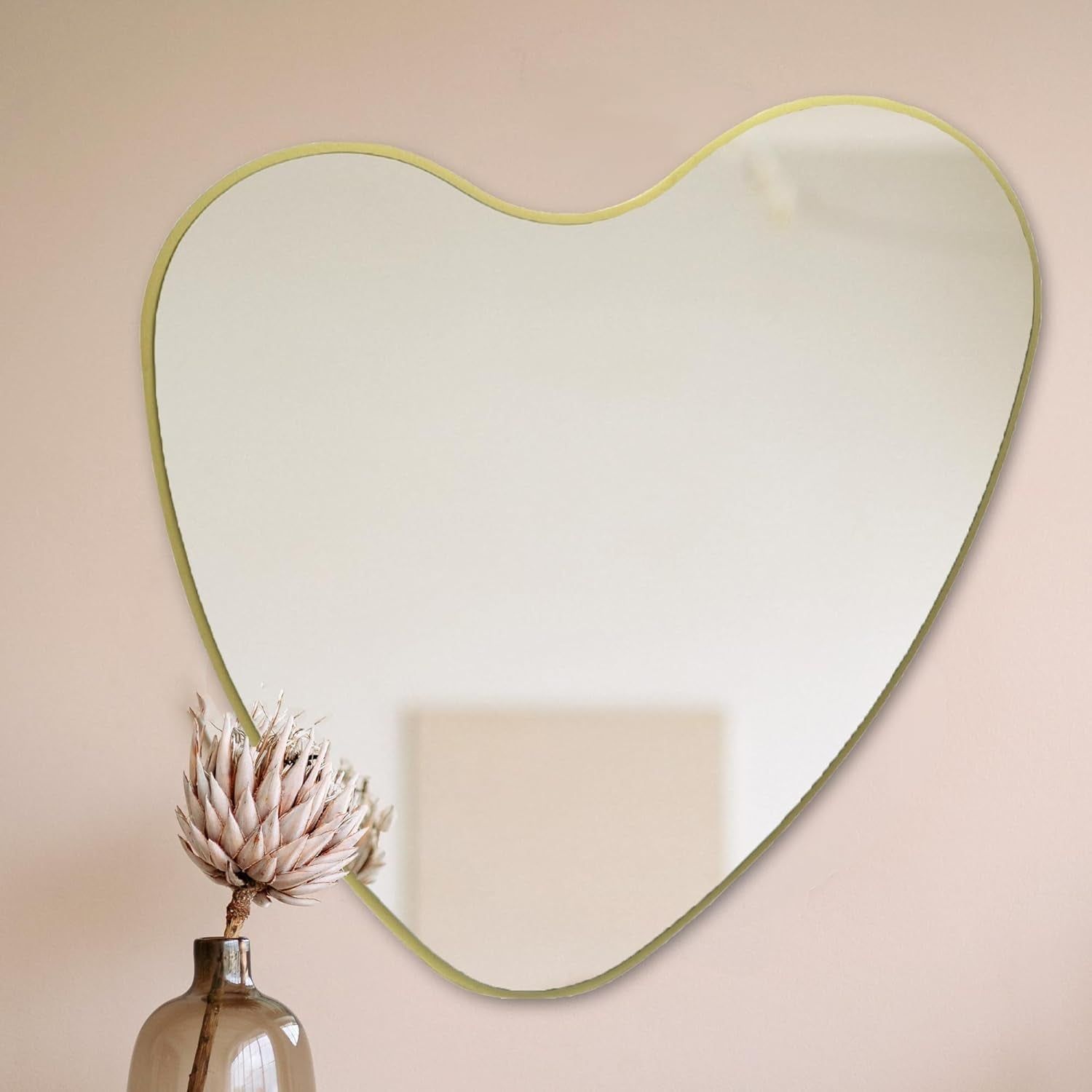 Elegant Irregular Heart Wall Mirror with Hand-Drawn Shape and Frameless Brass Edging - Modern Home Decor for Bedroom, Bathroom, Nursery, or Dorm Room - Large 26” X 26”
