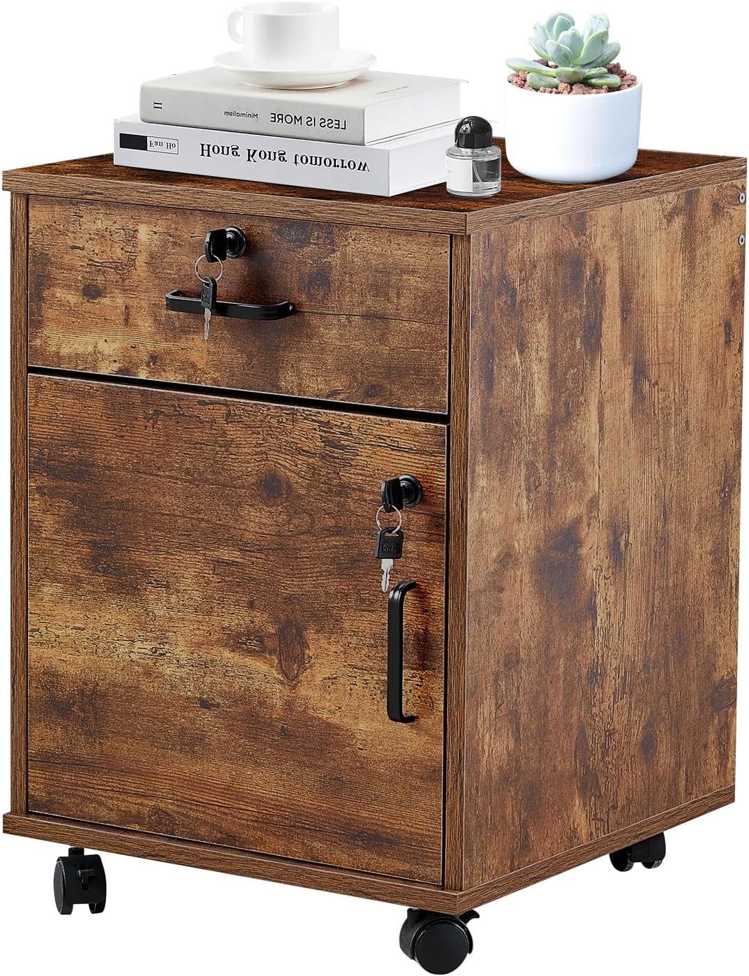 Mobile File Cabinet with Lockable Drawer &amp; Door, under Desk Rolling Filing Cabinet with 4 Wheels, Wooden Stationery Storage Cabinet for Home Office (Rustic Brown)