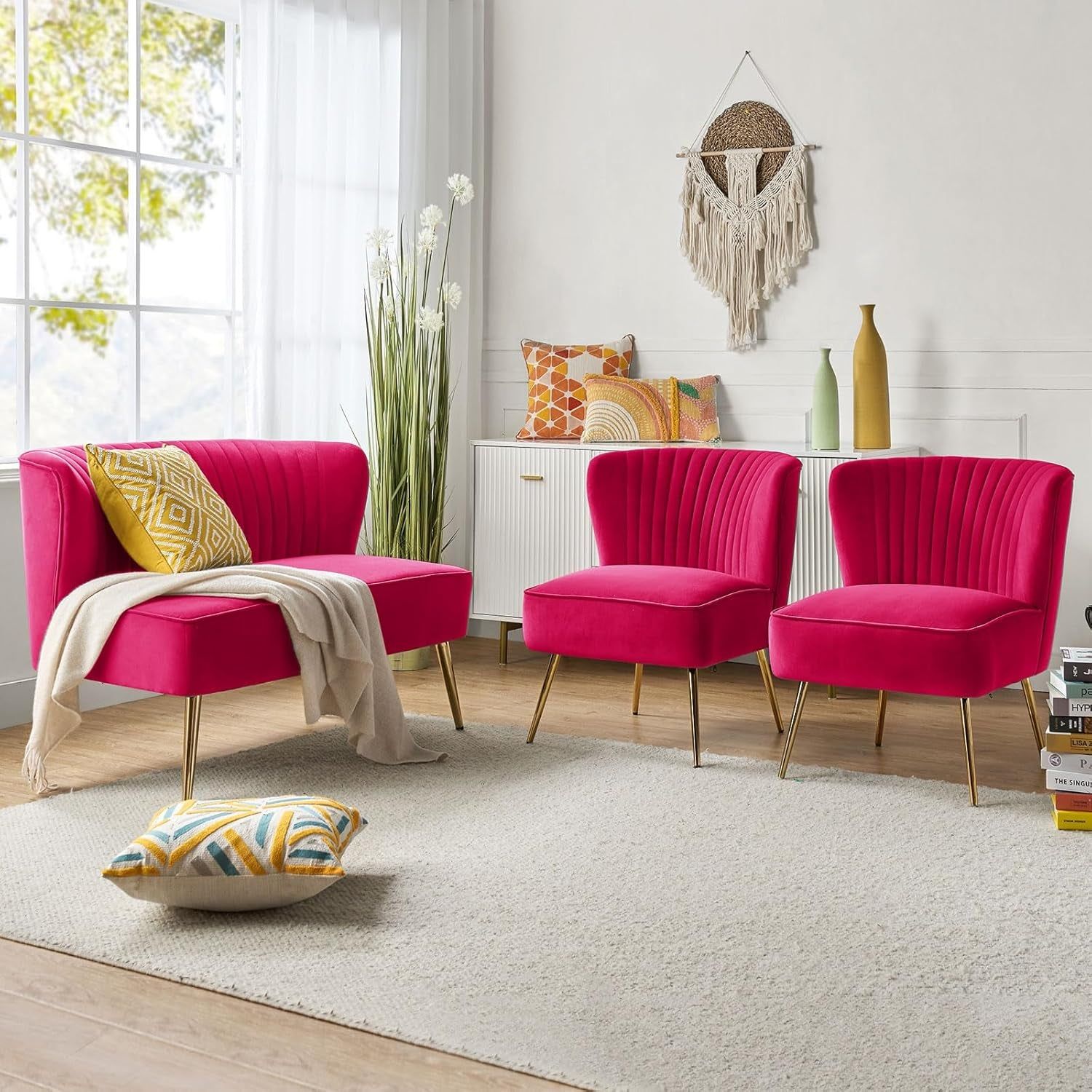 3 Piece Velvet Living Room Furniture Set, Modern Comfy Upholstered Chair Set with Golden Legs, Include Loveseat &amp; 2 Accent Chairs for Bedroom, FUCHSIA Tufted 2-Seater Sofa &amp; Armless Chairs
