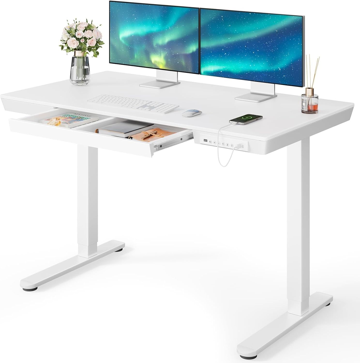 Standing Desk with Drawer, 48 X 24 Inch Whole Piece Tabletop Electric Standing Desk, Height Adjustable Desk with USB Charging Ports, Sit Stand Desk with Storage for Home &amp; Office White