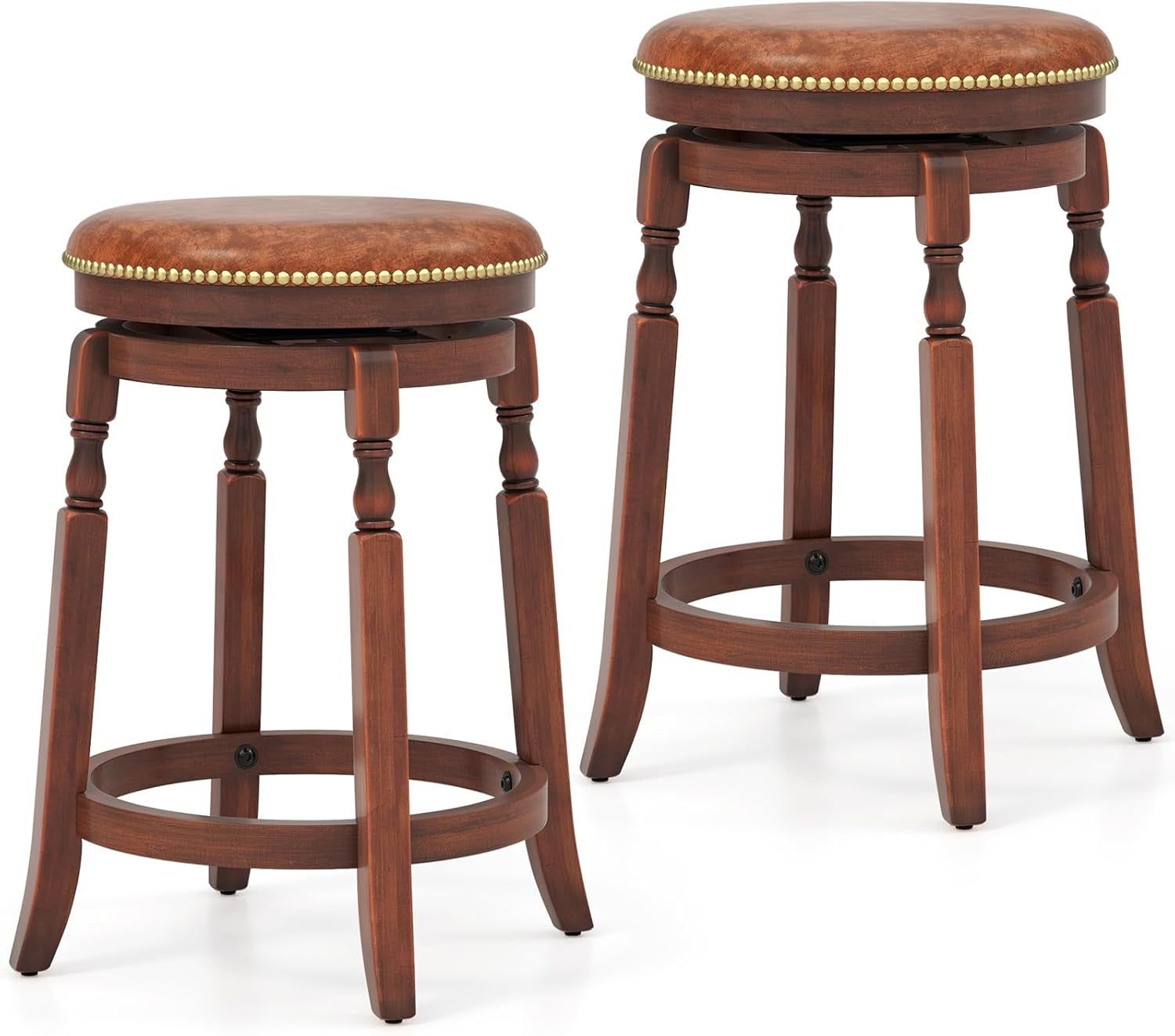 24&quot; Swivel Bar Stools Set of 2, Farmhouse Counter Height Stools with Upholstered Seat &amp; Rubber Wood Frame, round Backless Kitchen Stools, Barstools for Kitchen Island/Breakfast Nook, Walnut