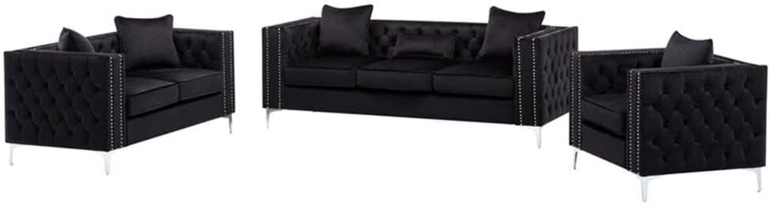 Lorreto Black Velvet Fabric Sofa Loveseat Chair Living Room Set