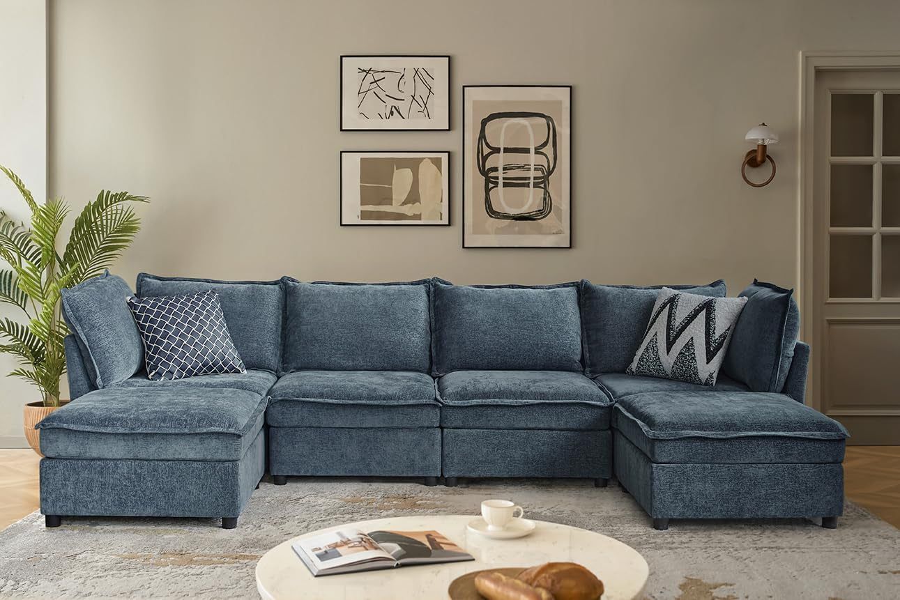 127&#39;&#39; Modular Sectional Sofa, Oversized U Shaped Couch with Storage Ottoman, Extra Deep Seat, Modern Comfy Chenille Sofa with Chaise, 6 Seat Convertible Couches for Living Room, Blue