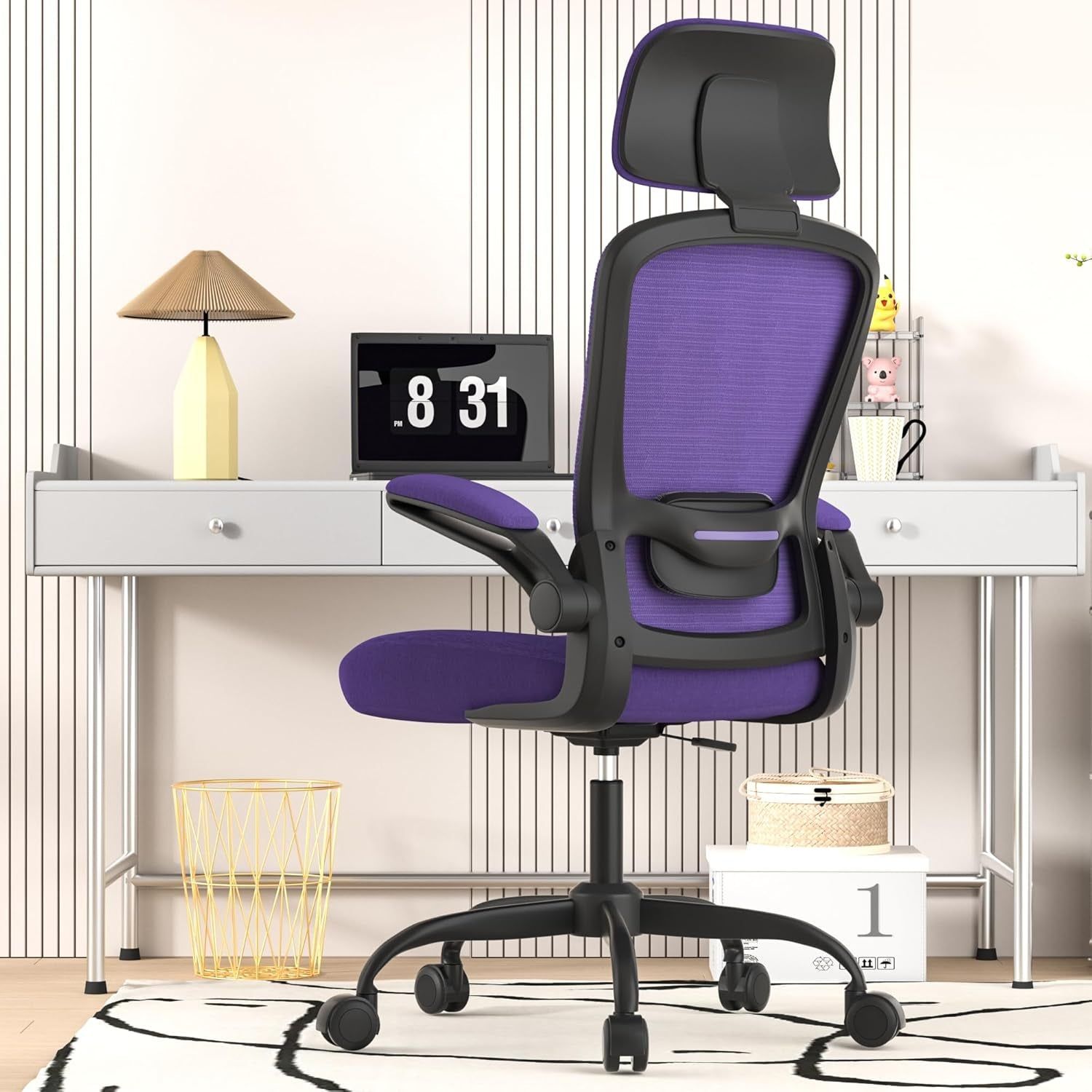 Ergonomic Mesh Office Chair, High Back Computer Desk Chair with Adjustable Lumbar Support &amp; Headrest, Swivel Task Chair with Flip-Up Armrests for Home &amp; Office (English, Purple)