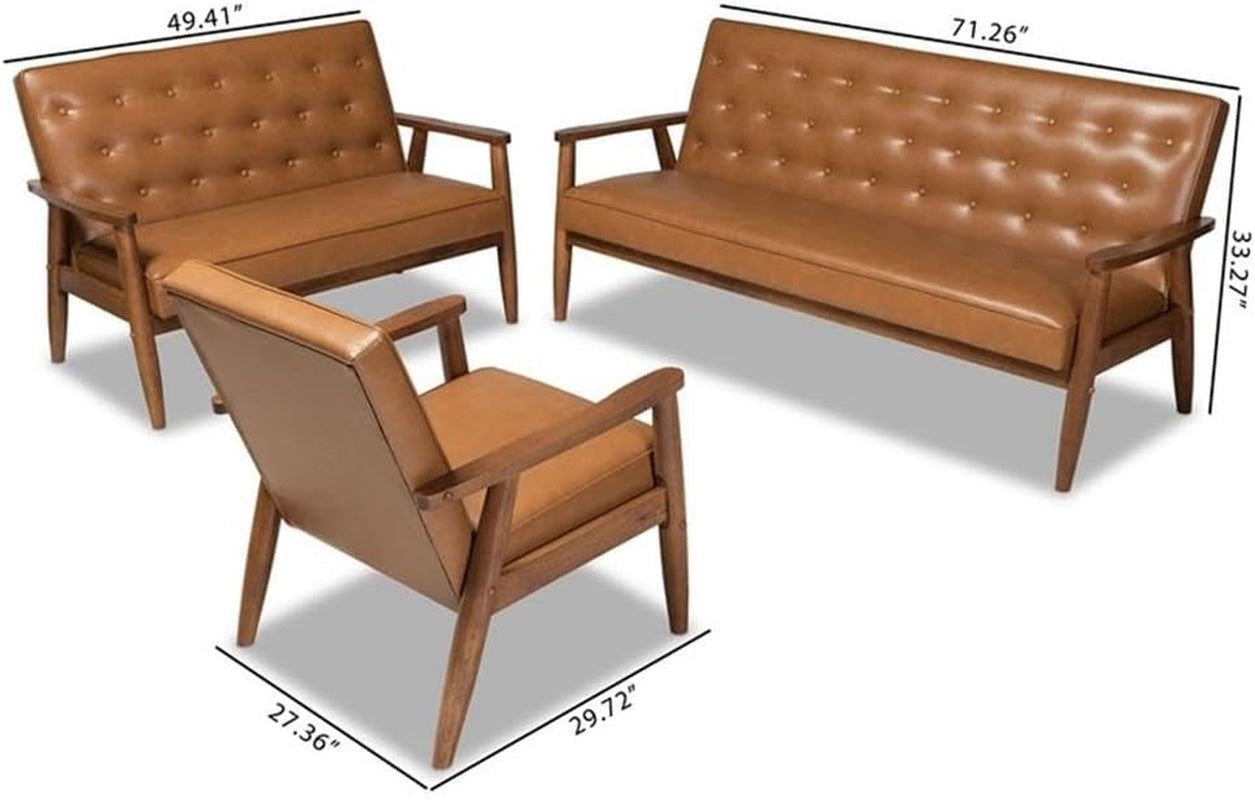 Walnut Finished Wood 3-Piece Living Room Set