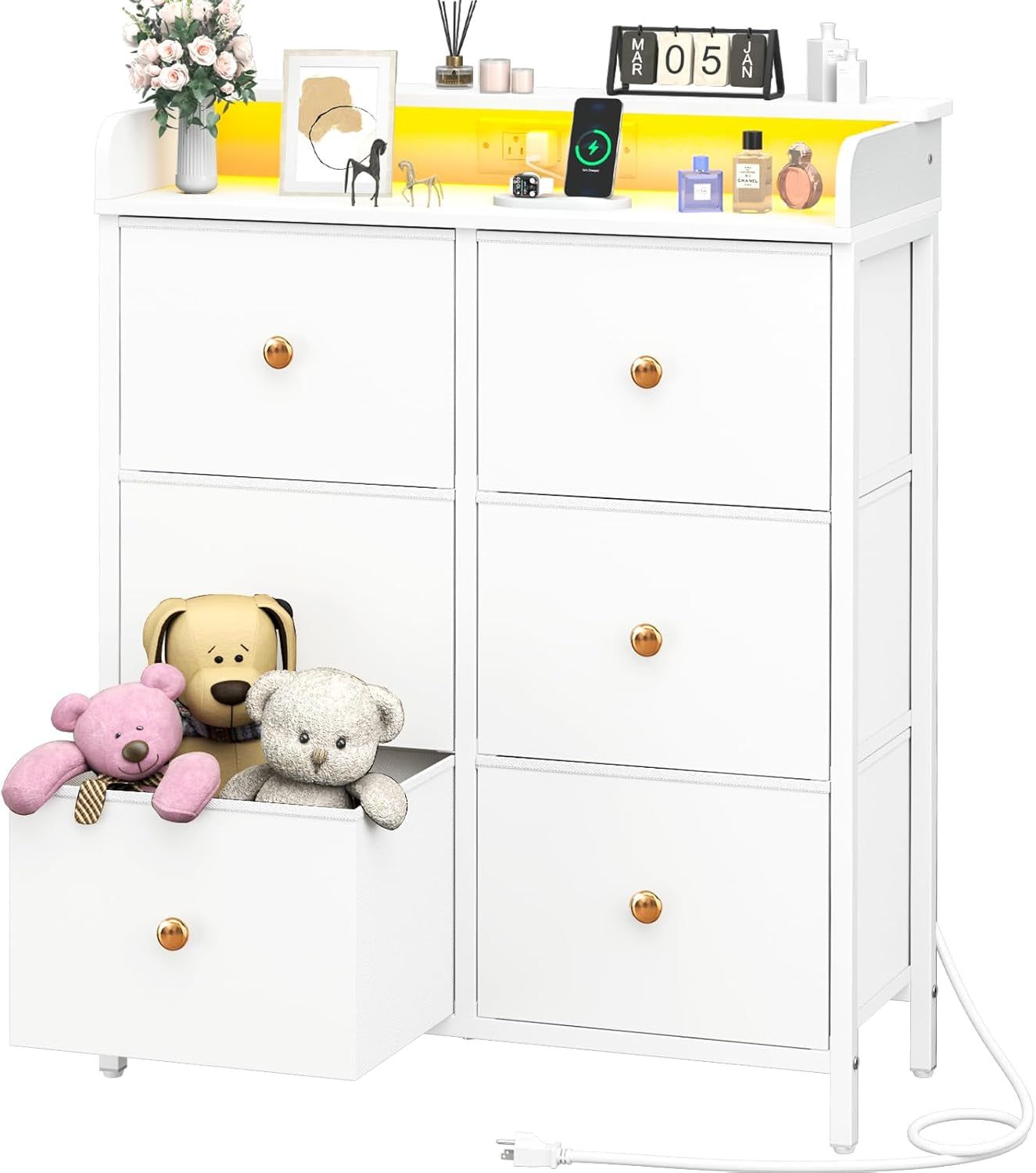 Dresser for Bedroom with Charging Station, 6-Drawer Chest Furniture with LED Lights, Fabric Dressers &amp; Chests of Drawers, Storage Tower Organizer Unit for Kids Room Closet Living Room Hallway