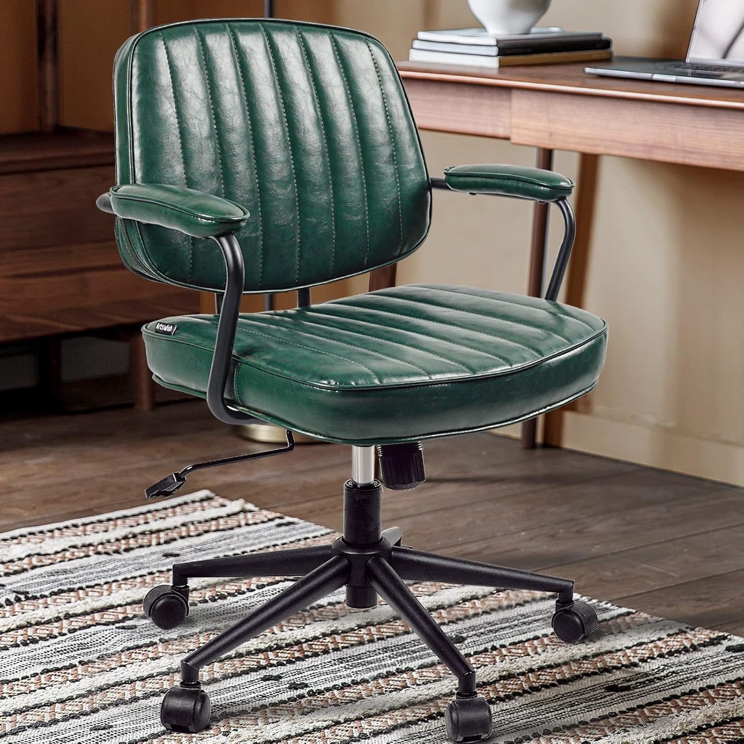 Mid Century Office Chair Leather Desk Chair Green Office Desk Chair Home Office Chair with Wheels and Arms