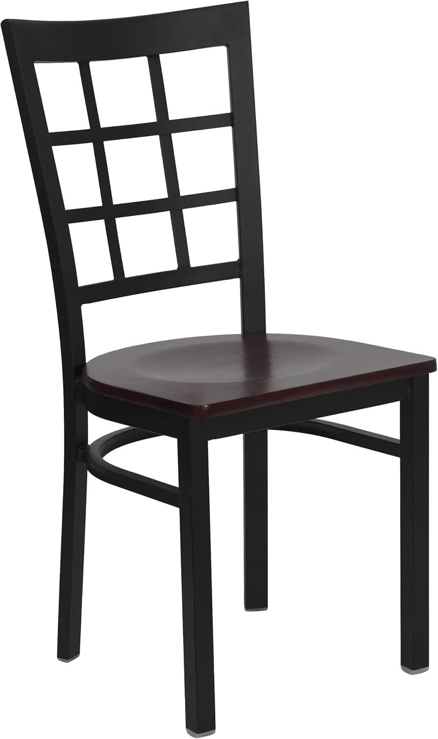 HERCULES Series Black Window Back Metal Restaurant Chair - Mahogany Wood Seat