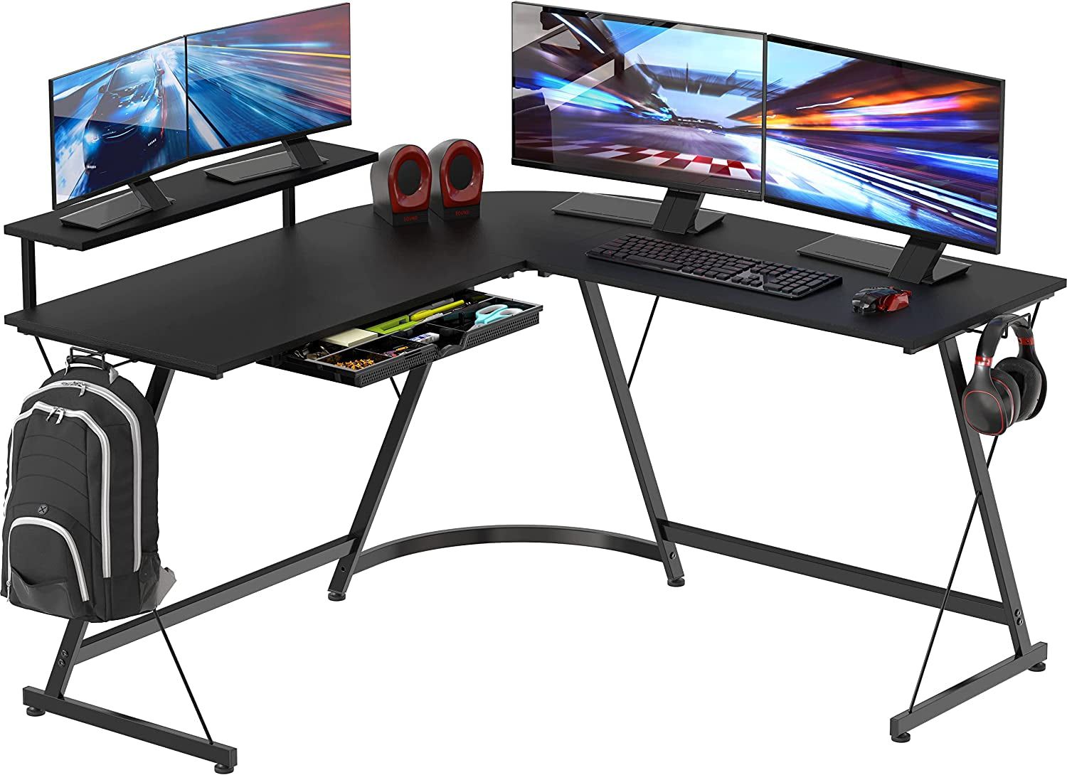 Vista L-Shape Desk with Monitor Stand, Black