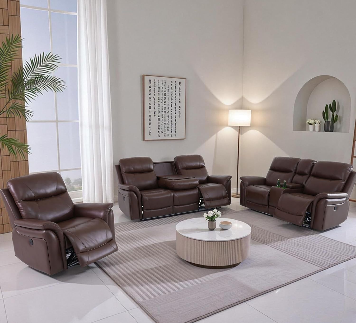 Power Recliner Sofa Set with LED, Breathing Leather Reclining Sofa Set, Living Room Set Recliner Couch Loveseat with USB Port/Cup Holder/Storage for Living Room (3 Pieces Couch Set, Brown)