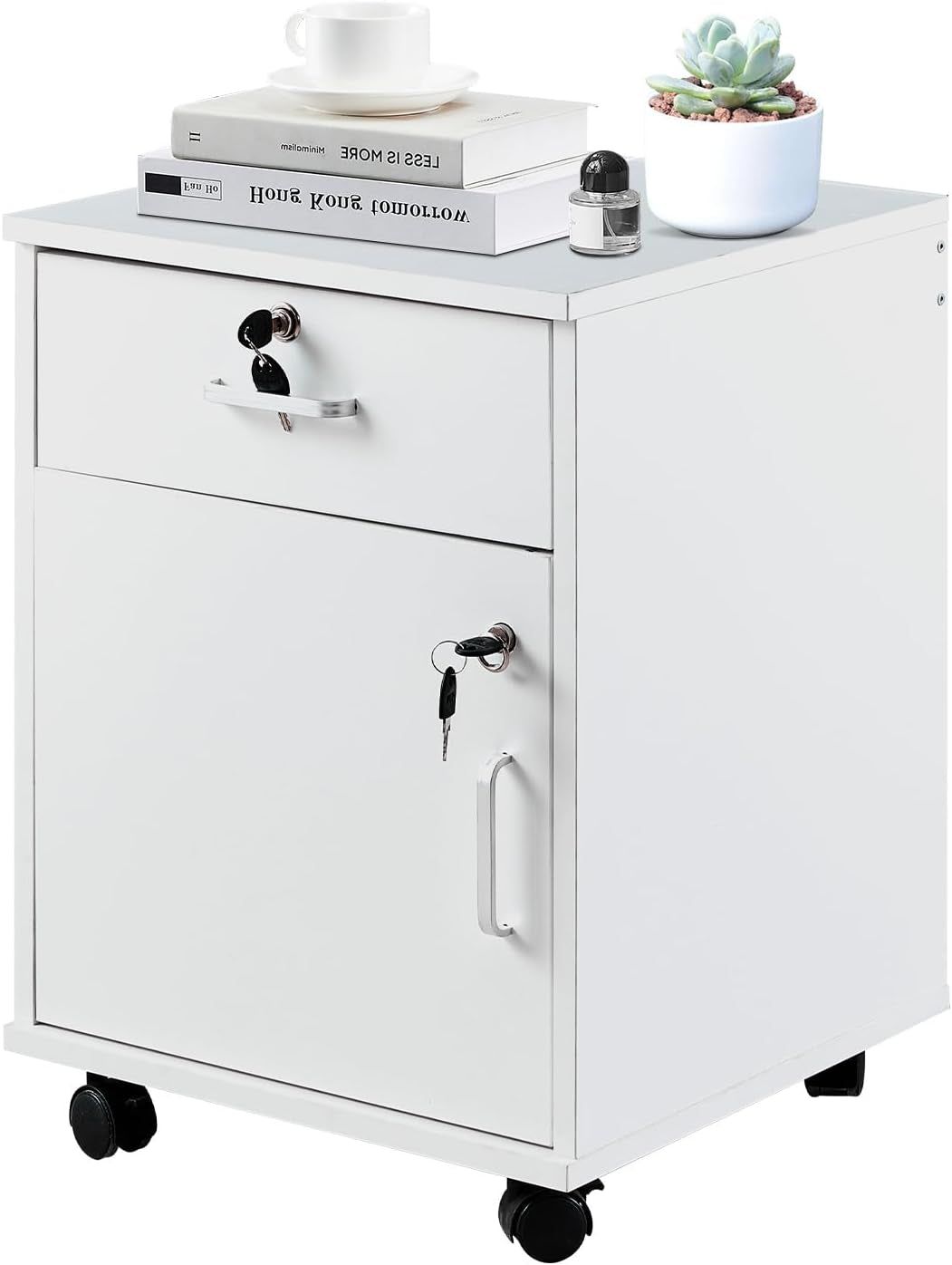 Mobile File Cabinet with Lockable Drawer &amp; Door, under Desk Rolling Filing Cabinet with 4 Wheels, Wooden Stationery Storage Cabinet for Home Office (White)