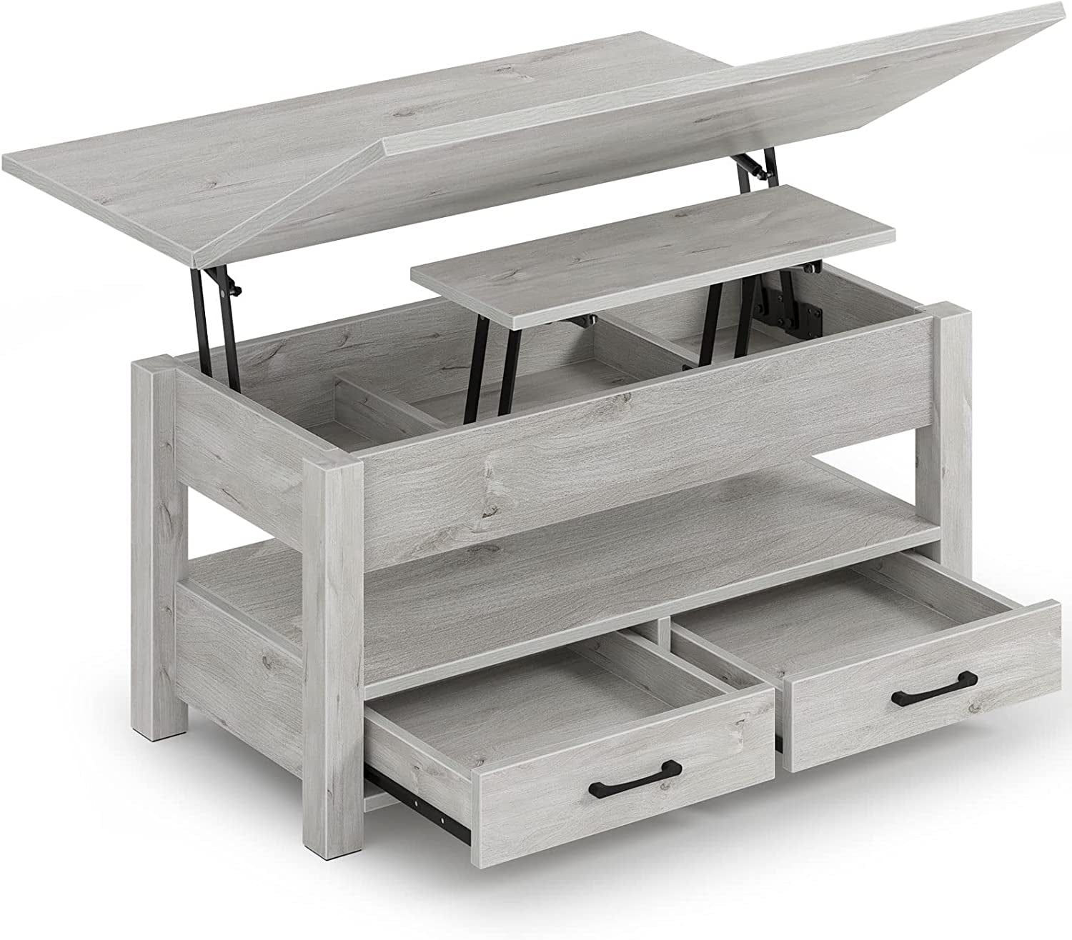 Coffee Table Lift Top, Multi-Function Convertible Coffee Table with Drawers and Hidden Compartment, Coffee Table Converts to Dining Table for Living Room, Home Office,Grey