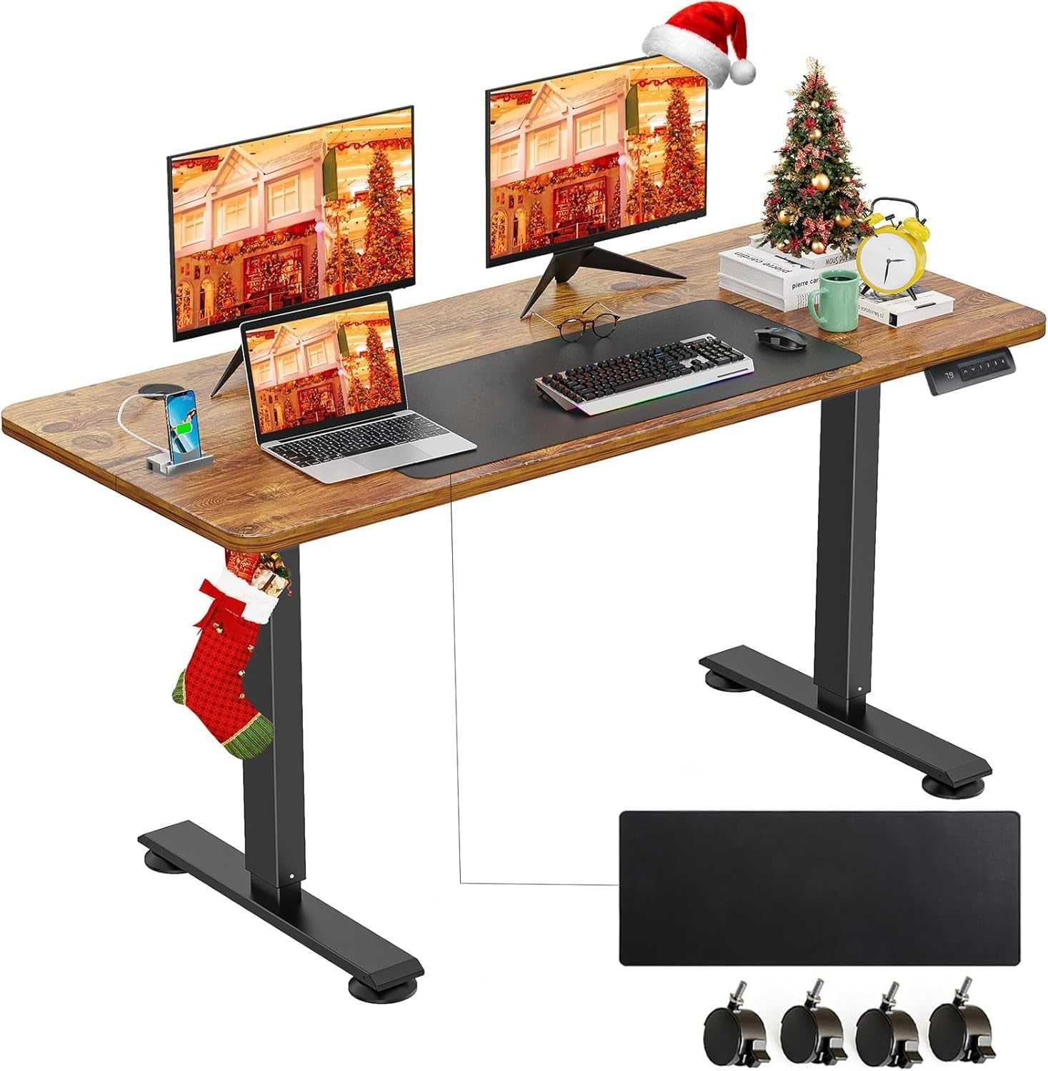 Electric Standing Desk Adjustable Height, 55 X 24 Inch Sit Stand up Desk with Large Mouse Pad, Double Metal Hook,4 Wheels,4 Memory Preset Heights Home Office Computer Desk（Brown）