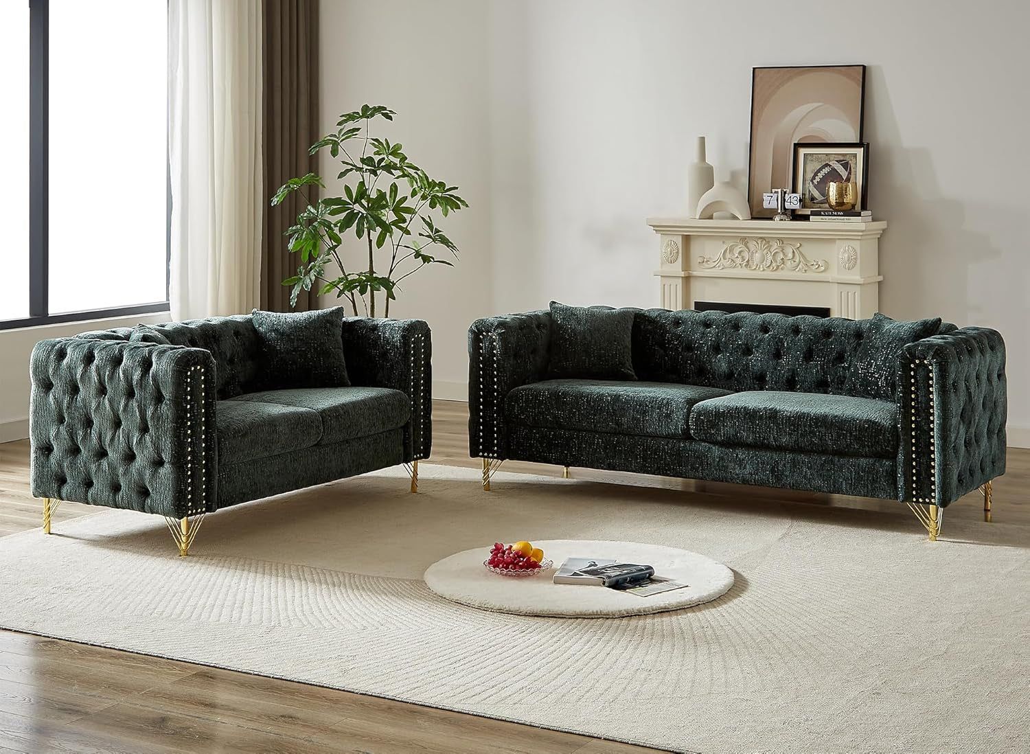 2 Pieces Chenille Living Room Furniture Sofa Couch Set,Button Tufted Comfy Couch with Nailhead Trim&amp;Metal Legs,Mid Century Modern Couch and Loveseat Sets for Living Room(Loveseat+3 Seater Sofa,Green)