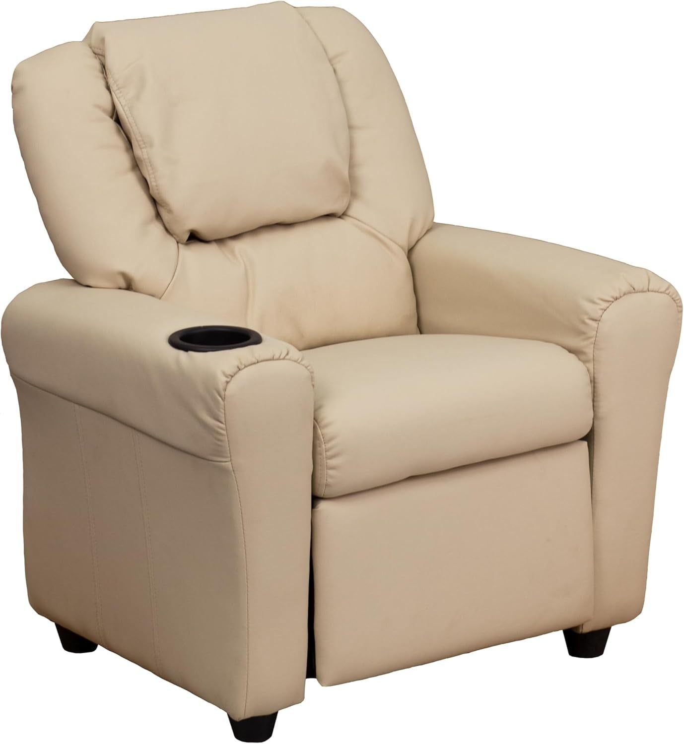 Vana Vinyl Kids Recliner with Cup Holder, Headrest, and Safety Recline, Contemporary Reclining Chair for Kids, Supports up to 90 Lbs., Beige
