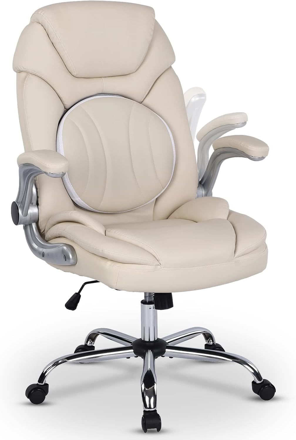 Modern Executive Office Chairs with Lumbar Support90-120 Degree Rocking Managerial Chairergonomic PU Leatherhomeofficedeskchairs with Wheels,Flip-Up Arms &amp; Back Support(White)Medium(300Lbs)