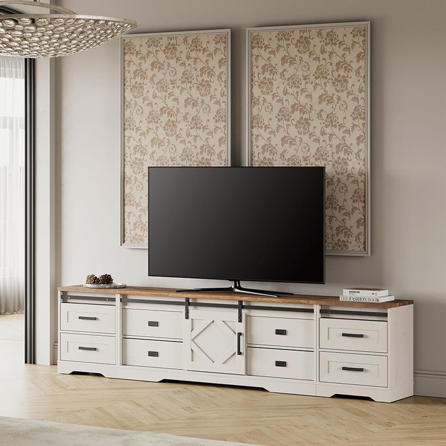 Farmhouse TV Stand with Charging Station and USB Ports for Tvs up to 110&quot; Tvs,3 in 1 Wood Entertainment Center with 10 Drawers and Adjustable Shelves for Living Room,Antique White