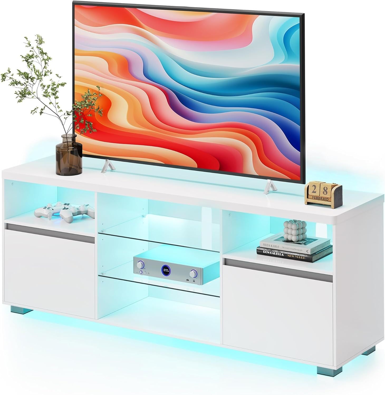 TV Stand with LED Lights for Tvs up to 70 Inch, Entertainment Center with Open Glass Shelves, 2 Cabinets with Doors, 63-Inch Long, TV Console for Bedroom Living Room, White ULTV330T10