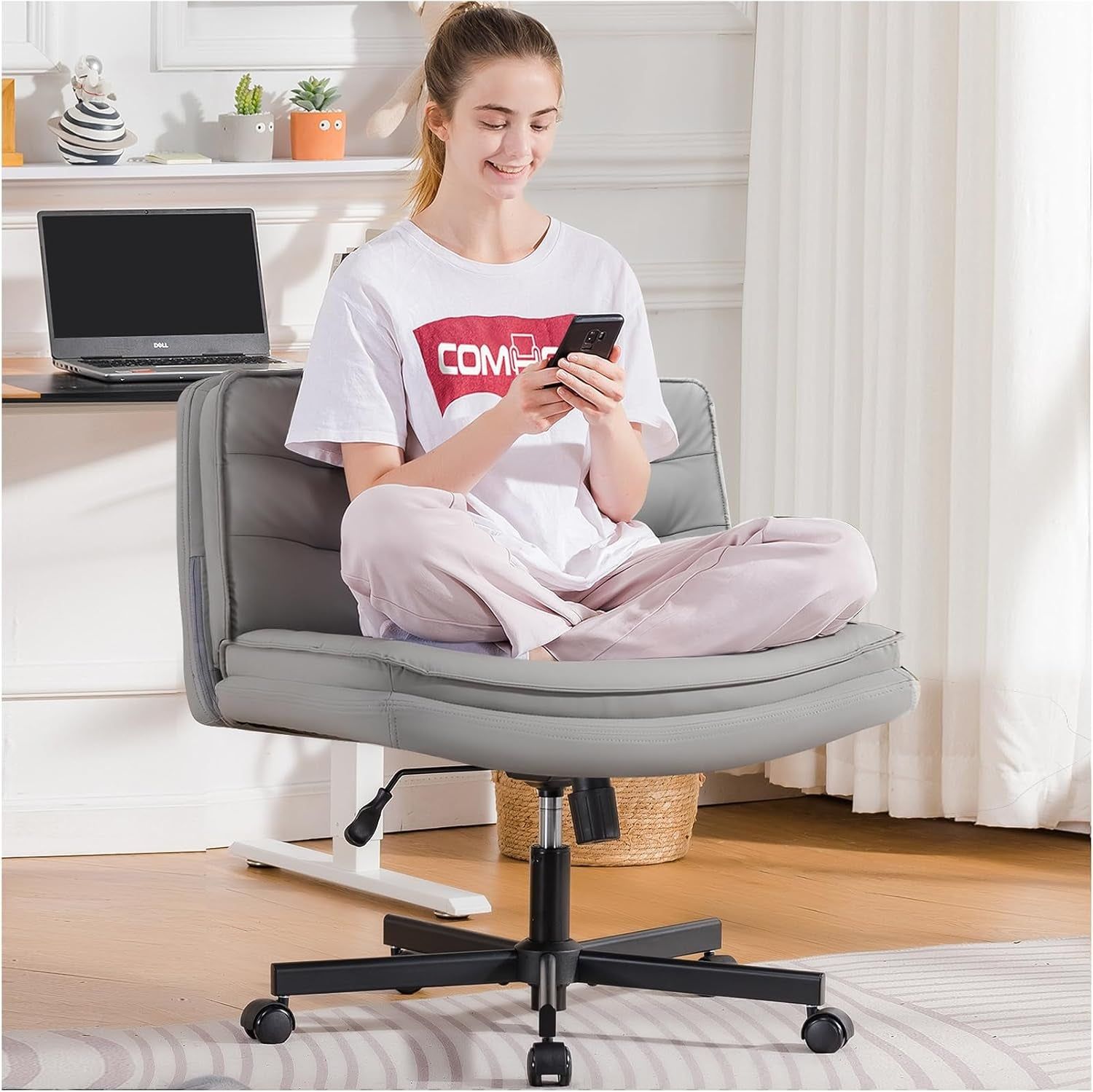 Criss Cross Chair with Wheels, Armless Wide Cross Legged Office Chair Mid Back, Modern Home Office Desk Chair Swivel Adjustable Vanity Computer Chair, Gray
