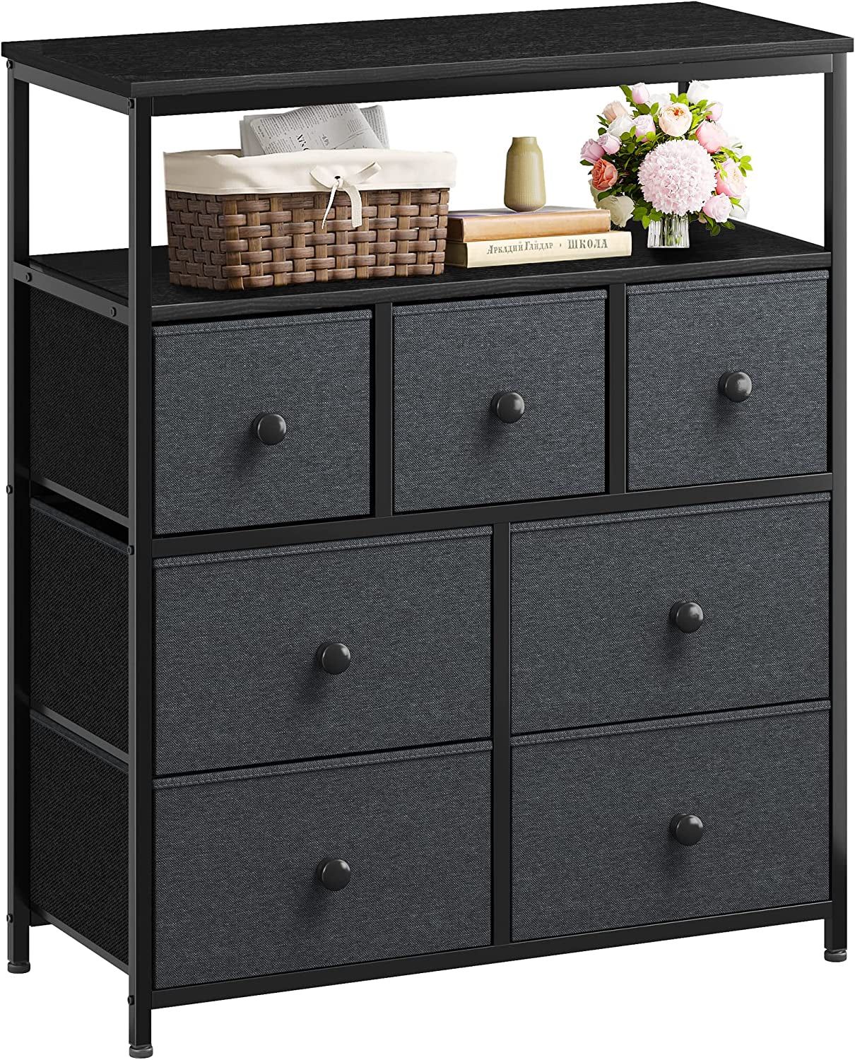 Black Grey Tall Dresser with Shelves for Bedroom &amp; Nursery