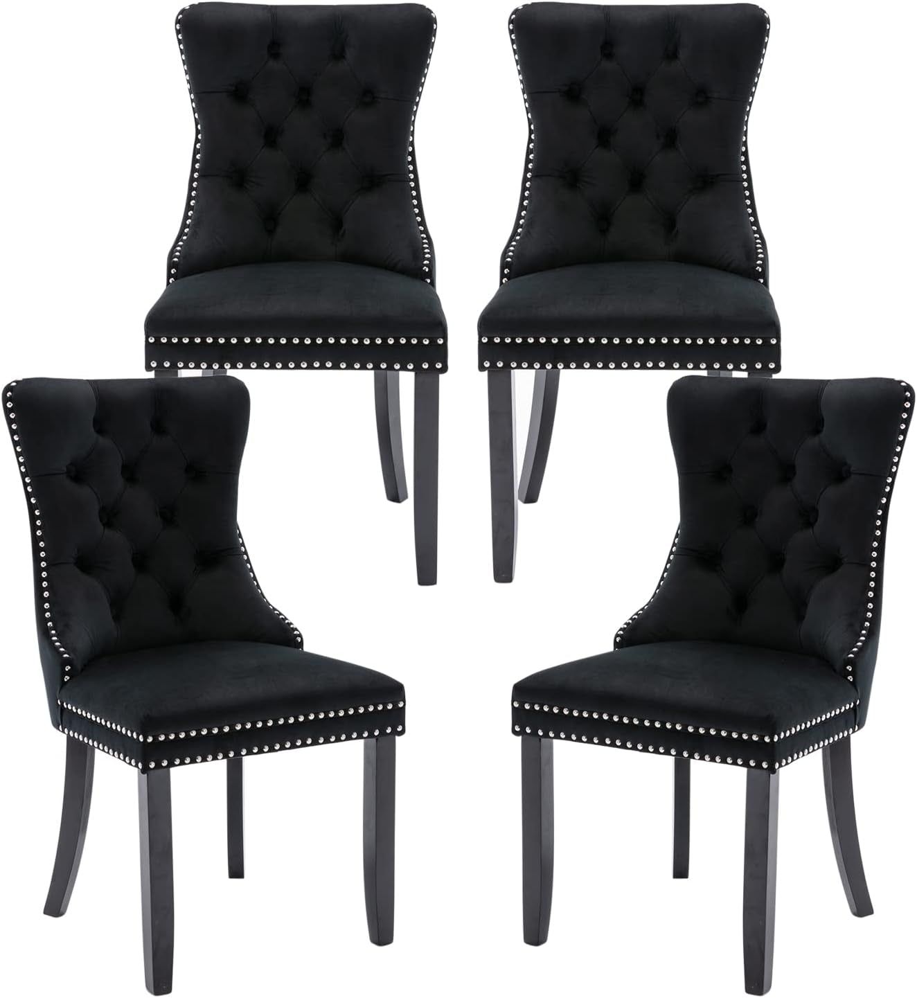 Velvet Dining Chairs Set of 4, Upholstered Dining Room Chairs with Ring Pull Trim and Button Back, Luxury Tufted Dining Chairs for Living Room, Bedroom, Kitchen (Black)