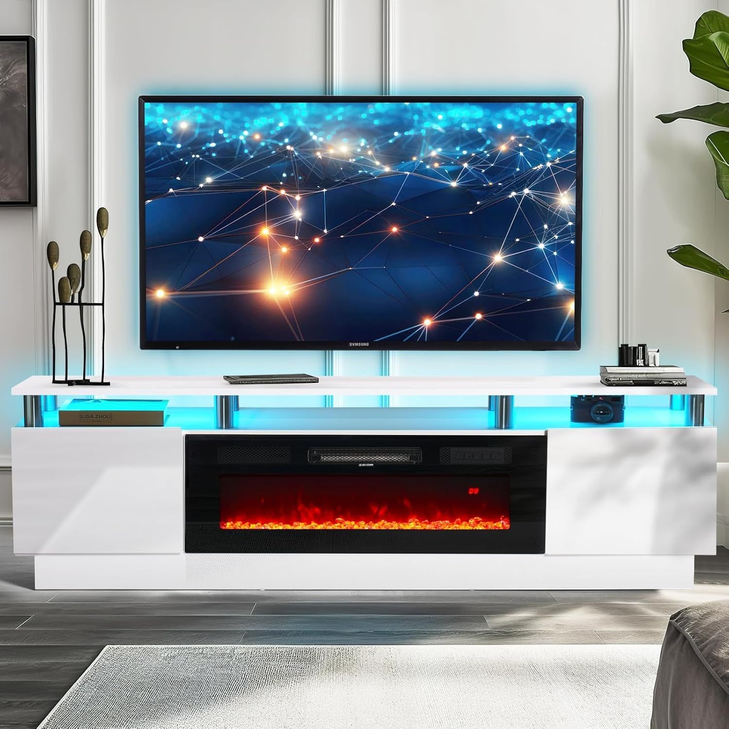 80&quot; Modern Electric Fireplace TV Stand for Tvs up to 90 Inch, with Electronic Flame and LED Lights, Luxury High Gloss Finish Entertainment Center, TV Console Cabinet for Living Room, White