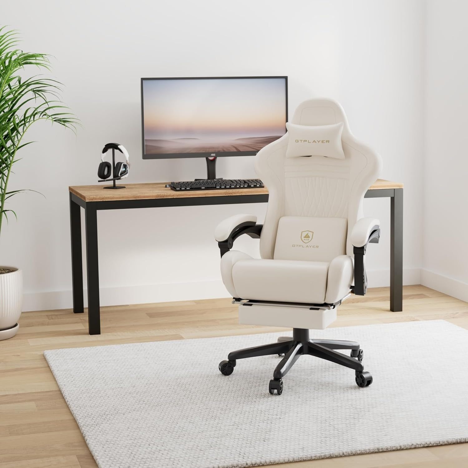 Bluetooth Speaker Gaming Chair with Footrest, Ivory