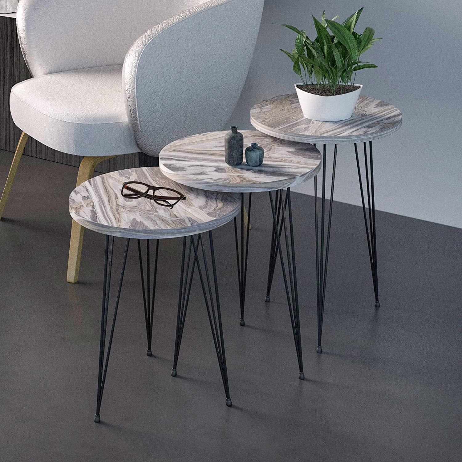 Set of 3 Grey Marble Nesting Tables