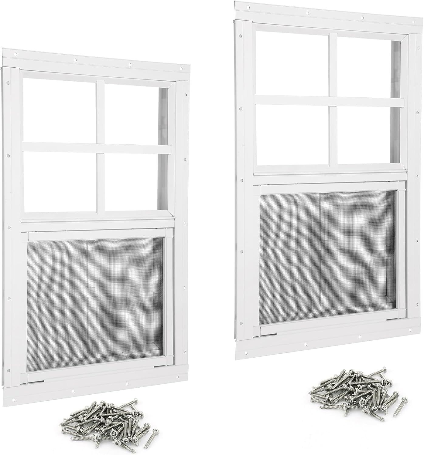 Shed Windows 2 Pack 14&quot; W X 21&quot; H Flush Mount White Window with Tempered Glass and Fiberglass Screen,Sliding Windows with Vertical Slider and Screws for Sheds,Chicken Coop, Playhouse Garbage Room Etc