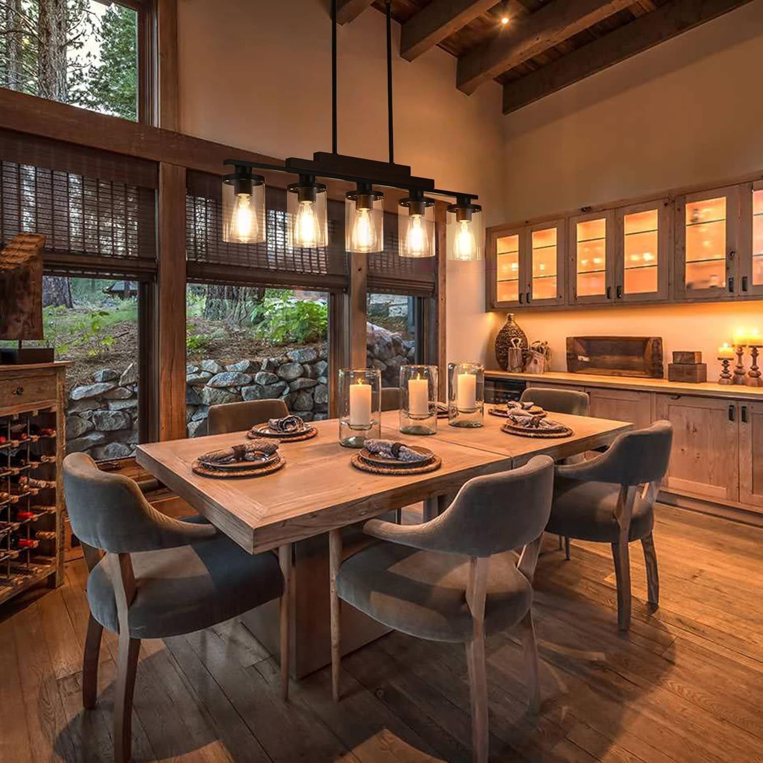 5-Light Farmhouse Linear Chandelier, Rustic Wood