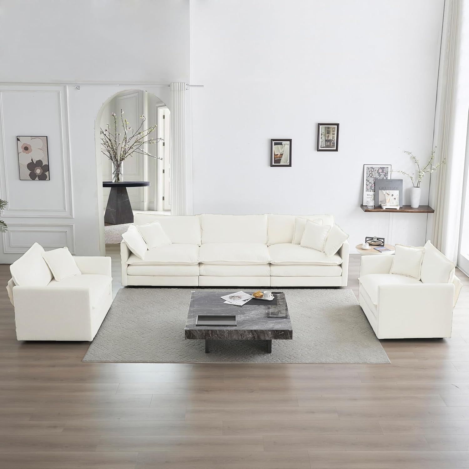 Luxury 3 Piece Sofa Set, 2 Pieces of Single Sofa and 1 Piece of 3 Seater Sofa, Modern Chenille Comfy Cloud Couches Set with 7 Pillows for Living Room Office, Beige