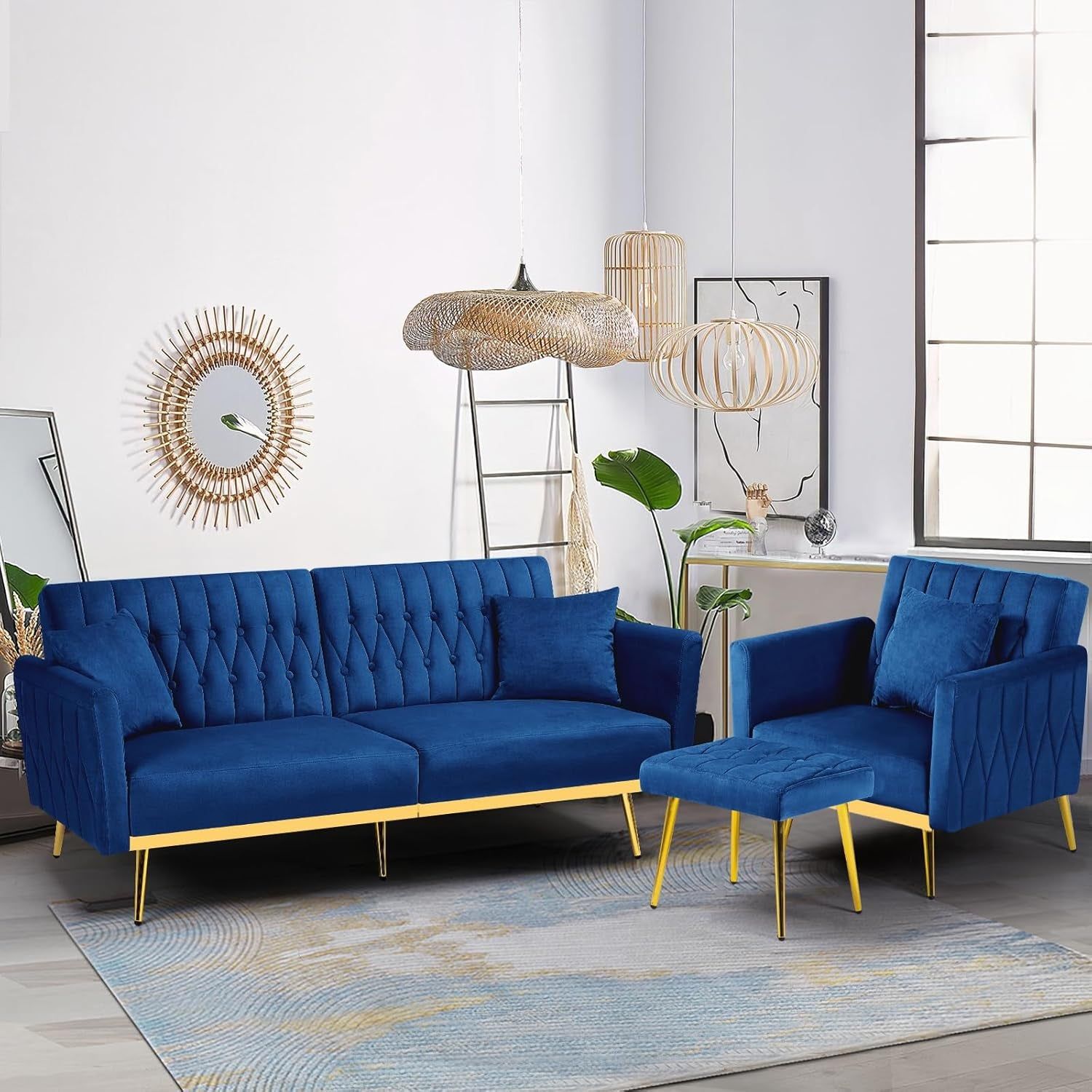 2 Pieces Velvet Futon Sofa Set with Adjustable Backrests and Armrests, 70” Convertible Sofa Bed &amp; Tufted Accent Chair with Ottoman for Living Room, Blue