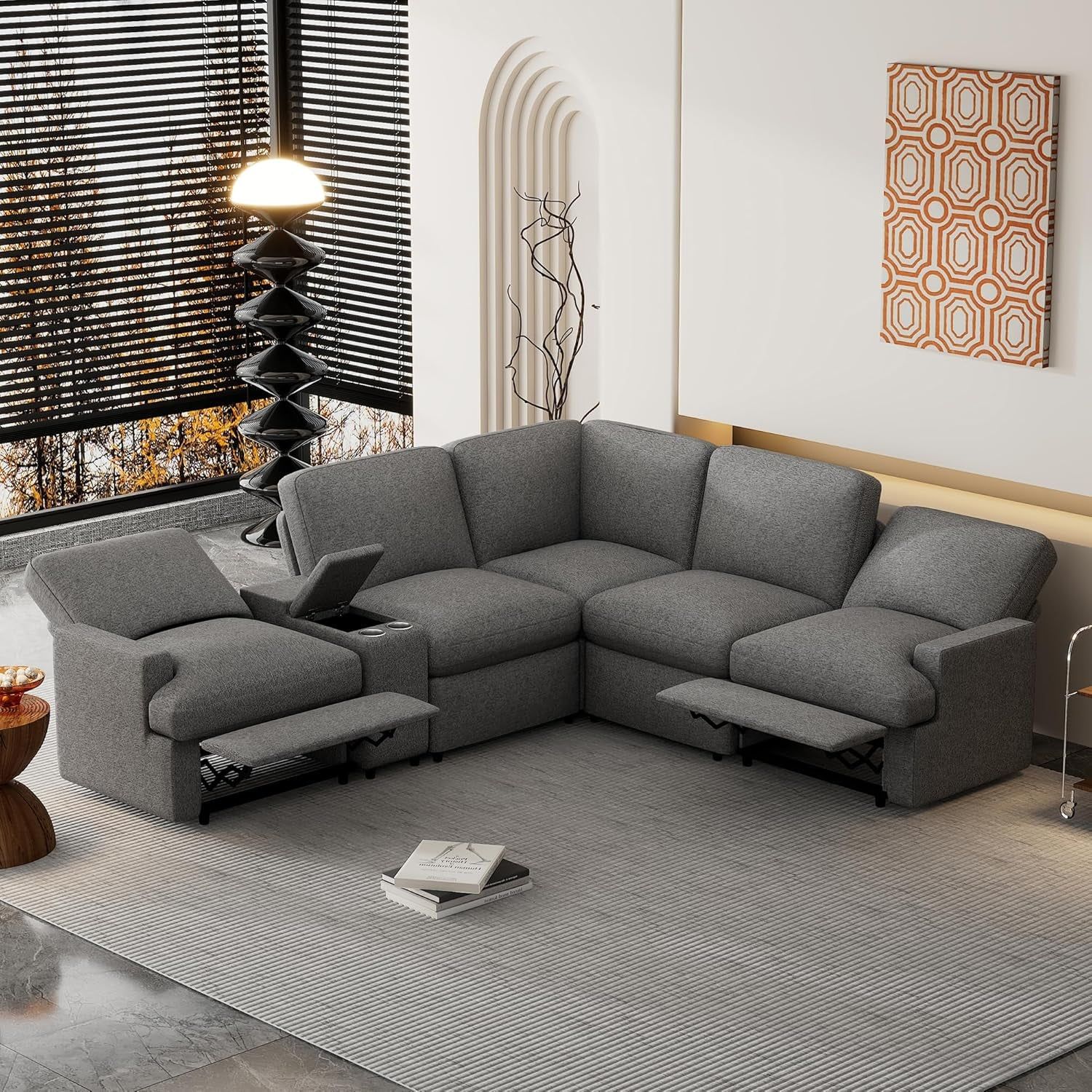 Power Recliner Corner Sofa with Storage Box, 104&#39;&#39; Sectional Couches with USB Ports, Cup Holders and Power Socket, Home Theater Reclining Sofa for Living Room Office Apartment, Dark Grey