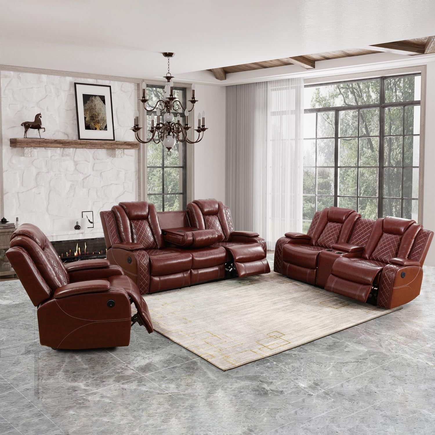 Power Reclining Sofa Set, Living Room Furniture Set with USB Ports, Leather Recliner Couches Set for Living Room/Apartment/Office/Home Theather (Burgundy, Sofa+Loveseat+Chair)