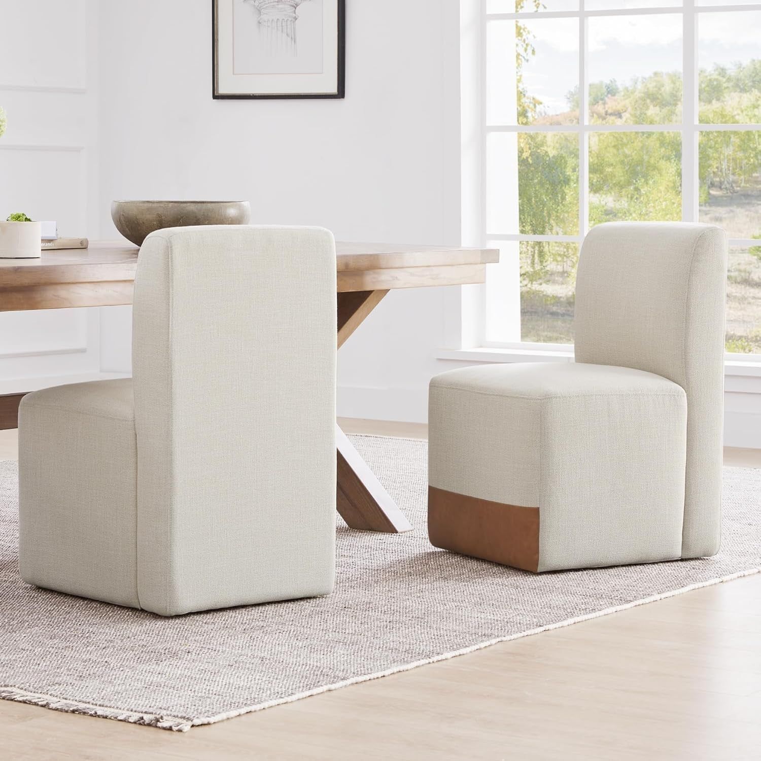 Dining Chairs with Casters Set of 2, FSC Certified Upholstered Armless Modern Rolling Dining Chairs with Rollers for Bedroom Reading Room Living Room, Linen &amp; Cognac Faux Leather Patchwork