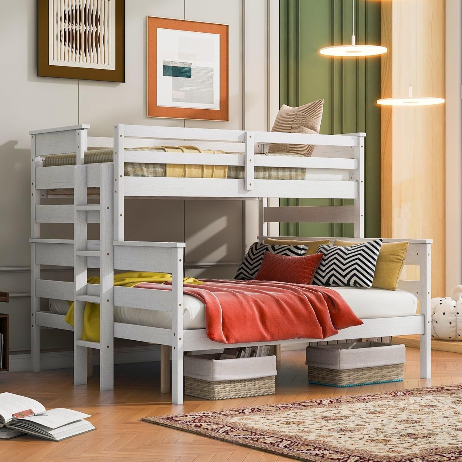 Solid Wood Twin XL over Queen Bunk Bed with Ladder and Slat Support,Bedroom Detachable Bed Frame W/Easy Assembly &amp; No Box Spring Required,For Kid Adult Boy Girl Teen,White