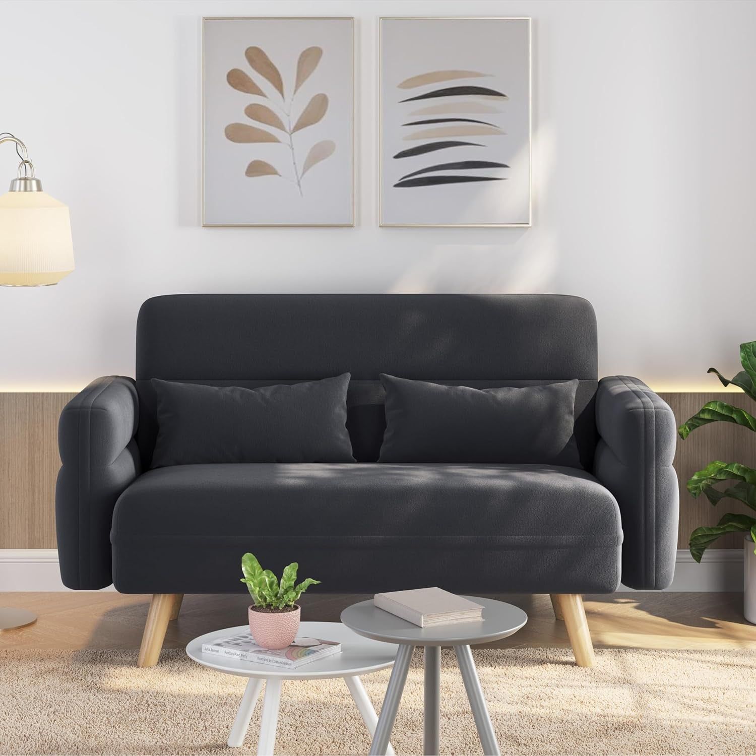 46&quot; Small Modern Fabric Sofa Loveseat Mid Century 2 Seater Sofa Couch with Lumbar Pillows, Solid Wood Legs for Living Room, Small Space, Dorm, Office, Bedroom, Dark Gray