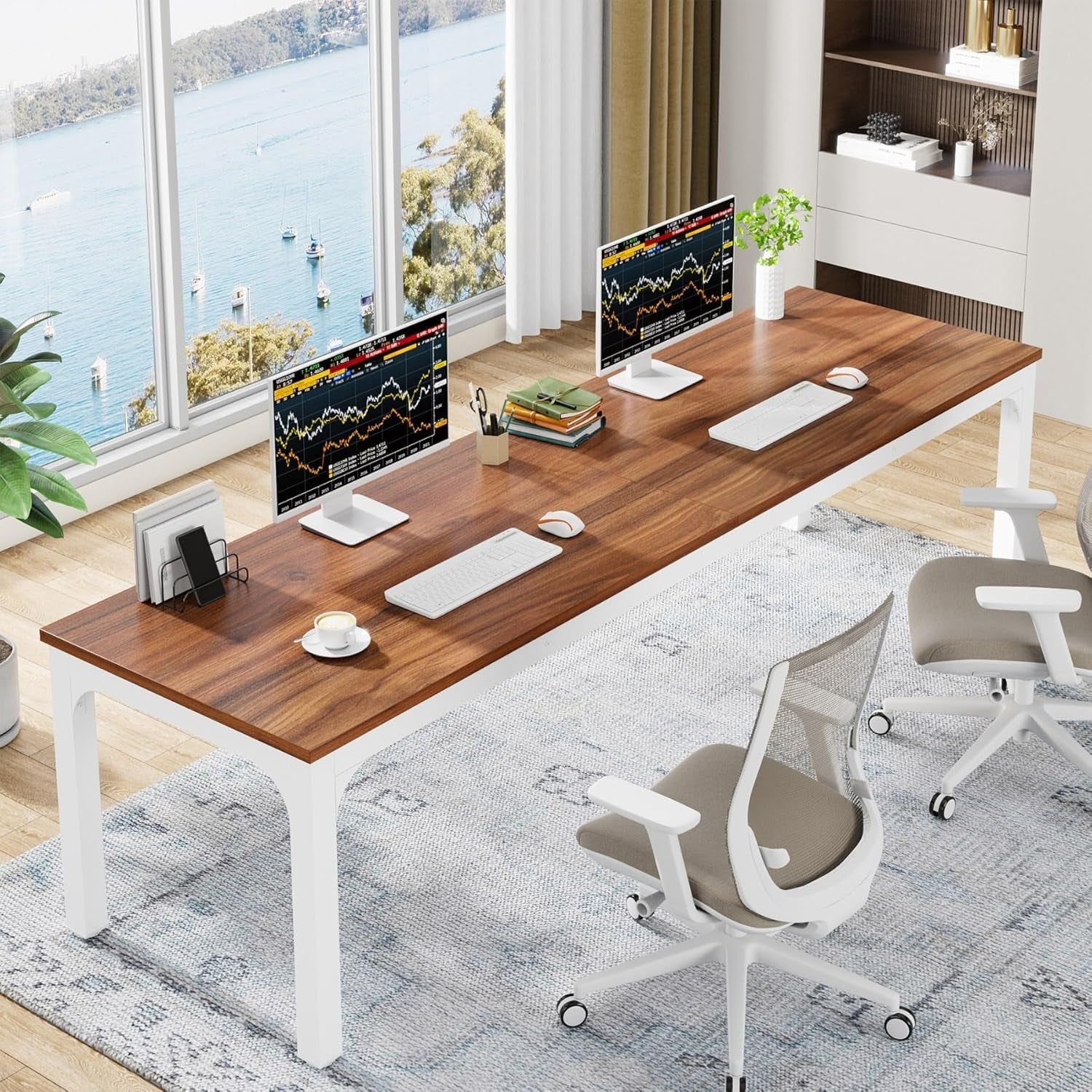 78.7 Inches Extra Long Computer Desk 2 Person Desk, Double Long Desk, Workstaion for Home Office (Walnut+White)