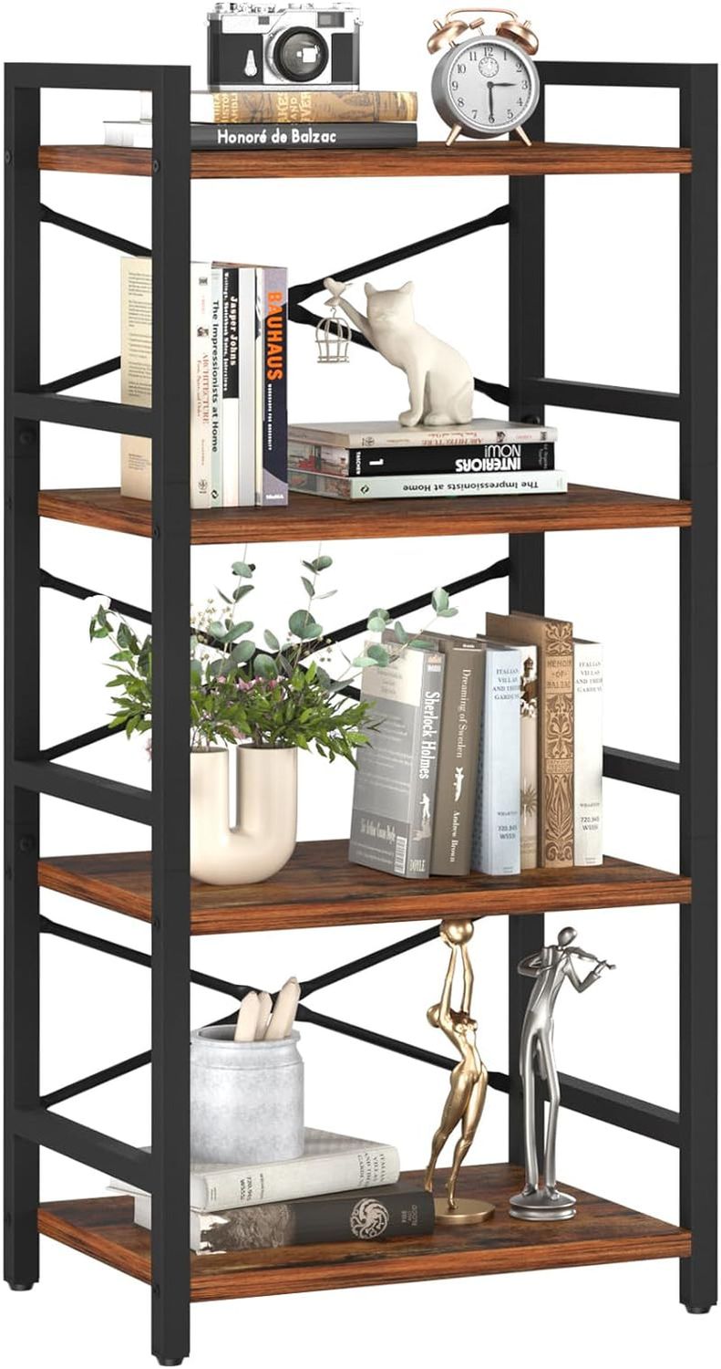 4 Tier Bookshelf - Small Book Shelf Industrial Bookcase, Narrow Book Case Book Storage Organizer for Cd/Movie/Book, Bookshelves for Bedroom Office Living Room Berry Brown
