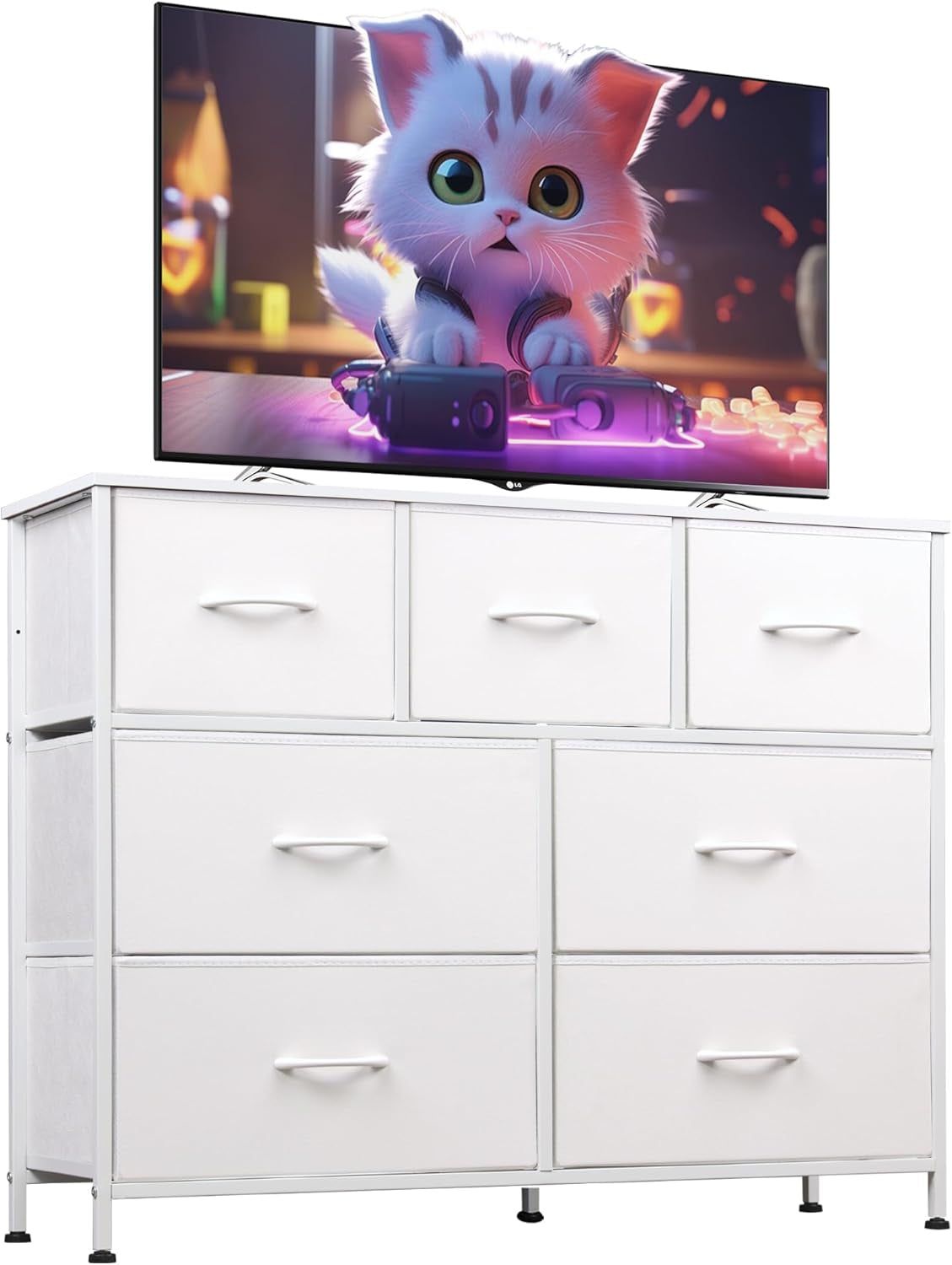 Dresser with 7 Drawers, Dressers for Bedroom, Fabric Storage Tower, Hallway, Entryway, Closets, Sturdy Steel Frame, Wood Top, Easy Pull Handle, White