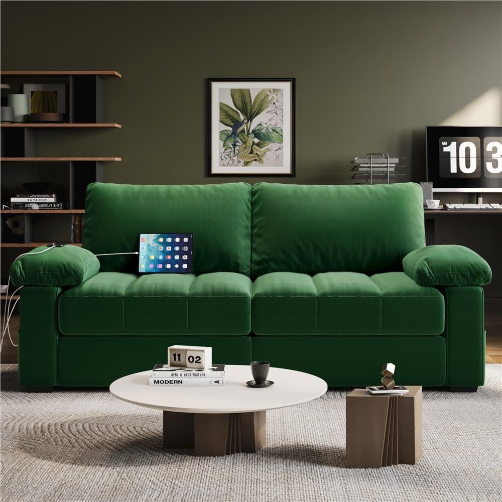 79&quot; Velvet Couch, Comfy Sofa with Pocket Coils, Deep Seat, Storage Pockets and USB Ports, 2 Seater Modern Loveseat Sofas with Removable Cover, Pillow Top Arms for Living Room Apartment Green