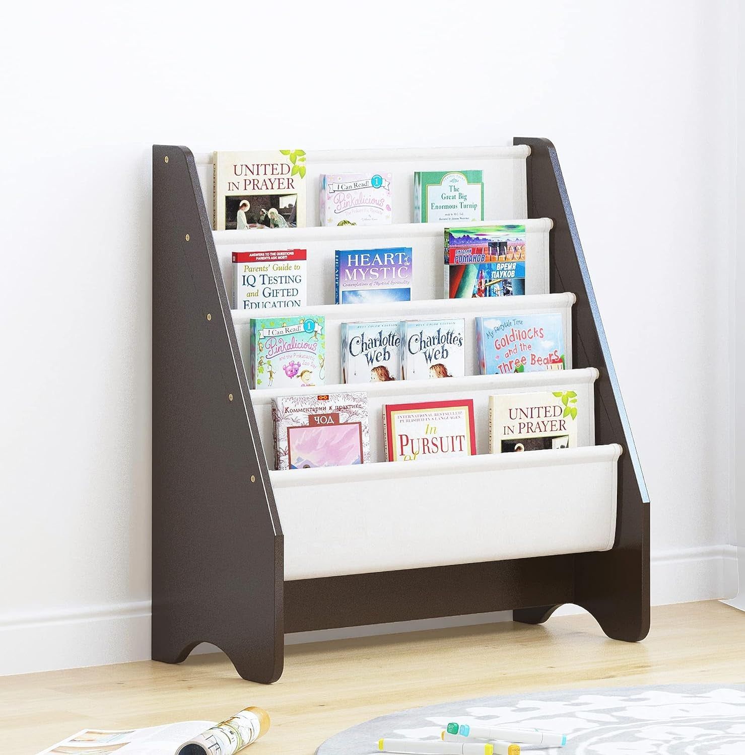 Kids Sling Bookshelf - Kids Magazine Rack with Organizer, Book Organizer (Espresso)