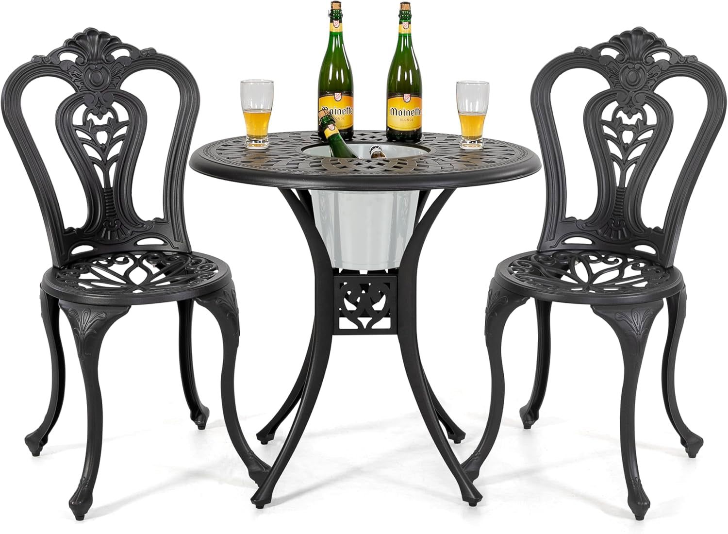 Bistro Set 3 Piece Outdoor All Weather Cast Aluminum Patio Bistro Set Patio Table and Chairs Set of 2 with Umbrella Hole for Backyard, Balcony, Lawn, Black