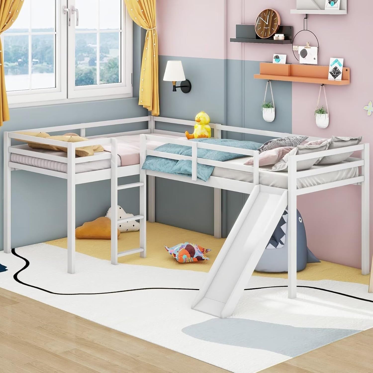 Wooden Twin Size Double Loft Bed with Slide and Ladder, L-Shaped Bed Frame with Full-Length Guardrail, Wood Bedframe for Kids Teens Adults Bedroom, 2 Twin Beds,White