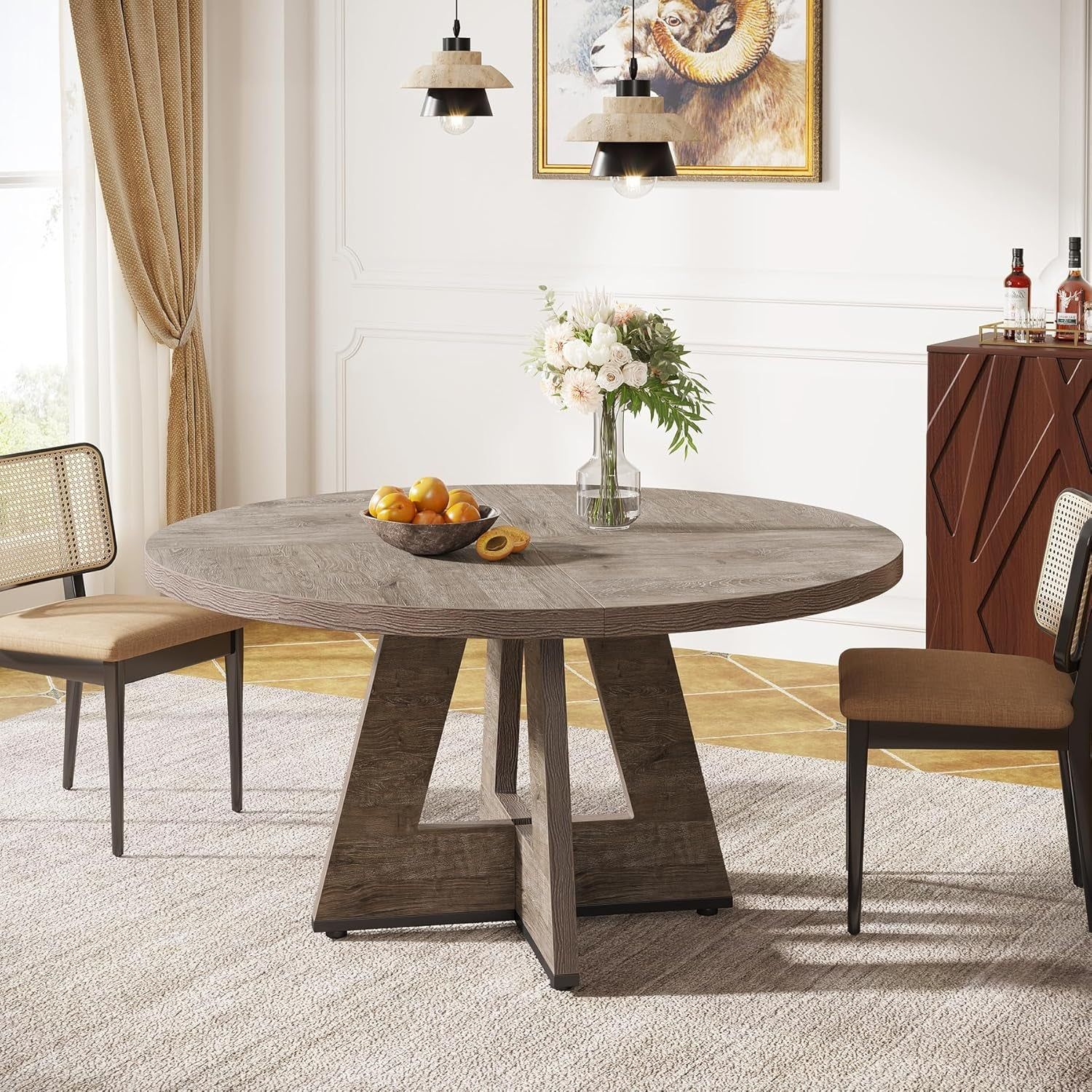 Farmhouse Dining Table, 47 Inch round Dinner Table for 4, Rustic round Dining Room Table for Home Dining Room Living Room (Grey)