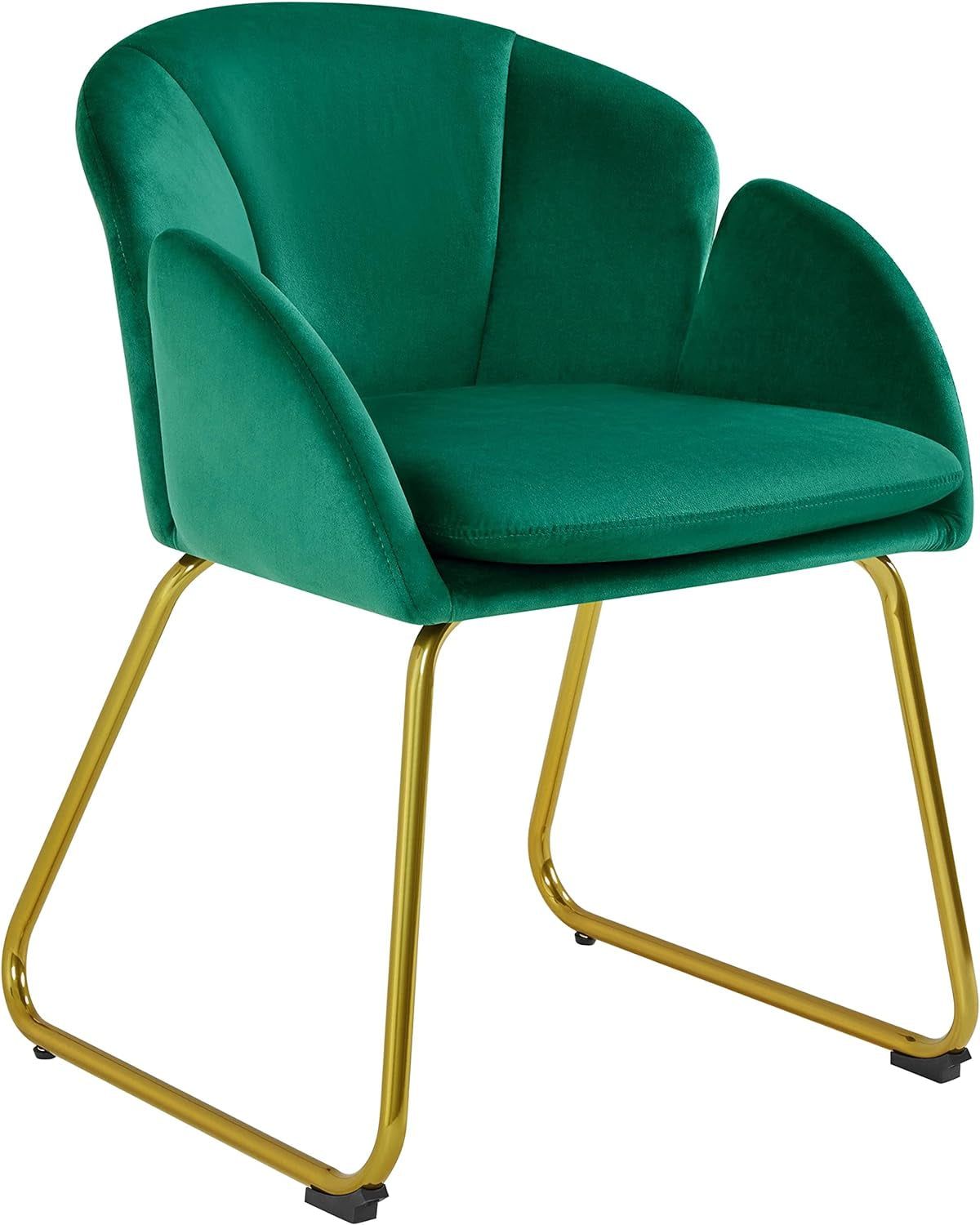 Flower Velvet Vanity Chair, Modern Side Chair Armchair with Golden Metal Legs for Living Room/Dressing Room/Bedroom/Home Office/Kitchen, Green